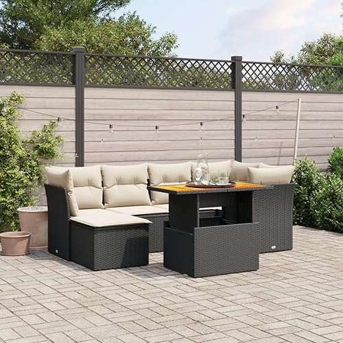 7 Piece Garden Sofa Set in Black and Cream White, Modern Outdoor Furniture with UV-Resistant Poly Rattan, Modular Patio Seating for Relaxing and