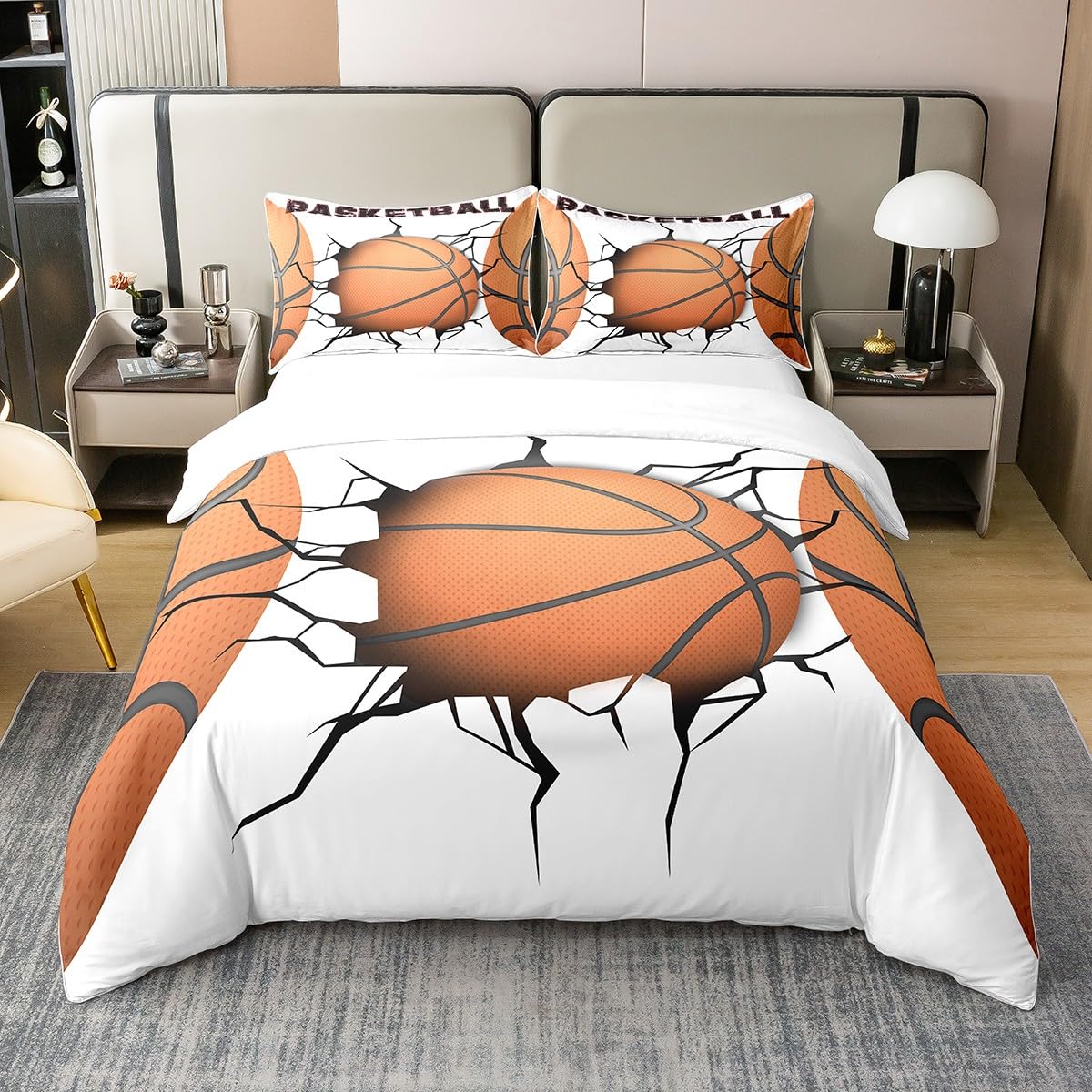 Housse de couette basket coton 220x240 parure de lit sport imprimé chambre