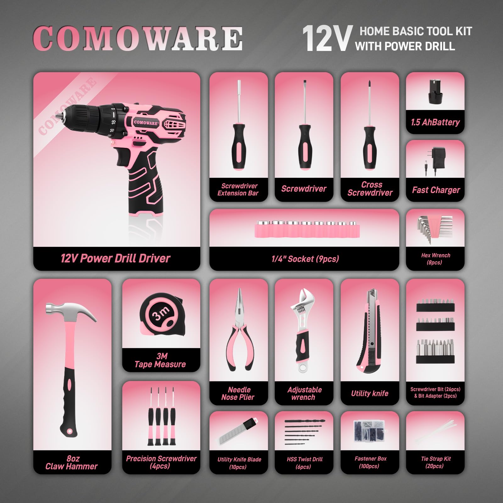 COMOWARE Kit di attrezzi per la casa con trapano rosa, 195 pezzi, kit di utensili per la casa con trapano elettrico senza fili da 12 V, set di utensili per la riparazione domestica con custodia per le
