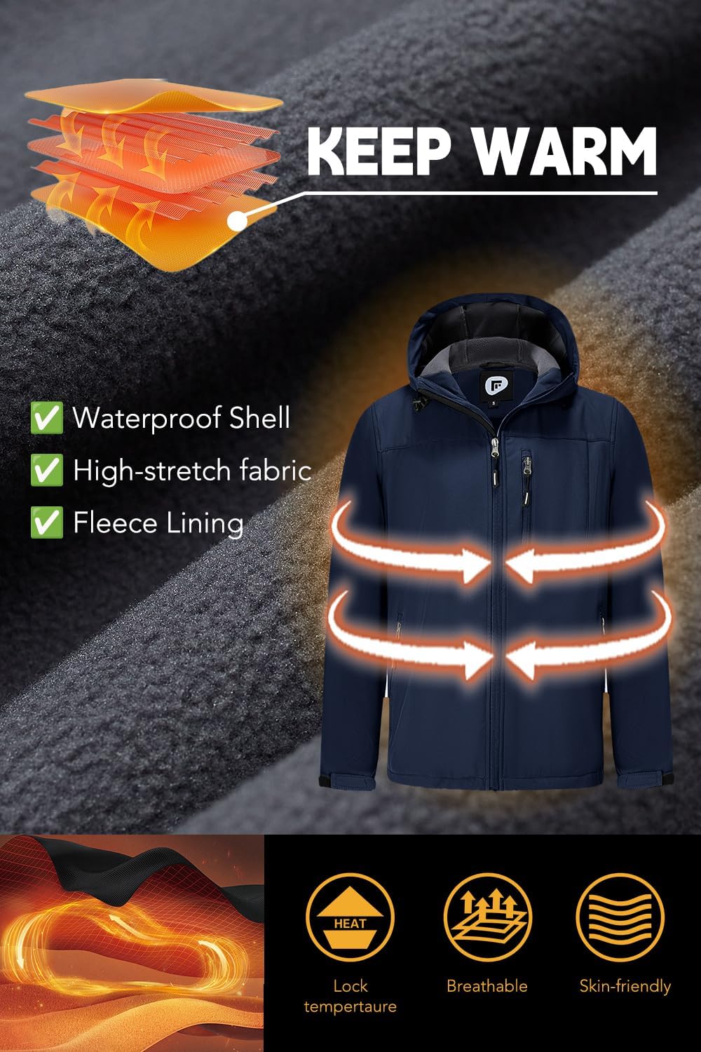 FARVALUE Men's Softshell Jacket with Hood Fleece Lined Windproof Coat Lightweight Waterproof Insulated Winbreaker for Hiking - Image 2