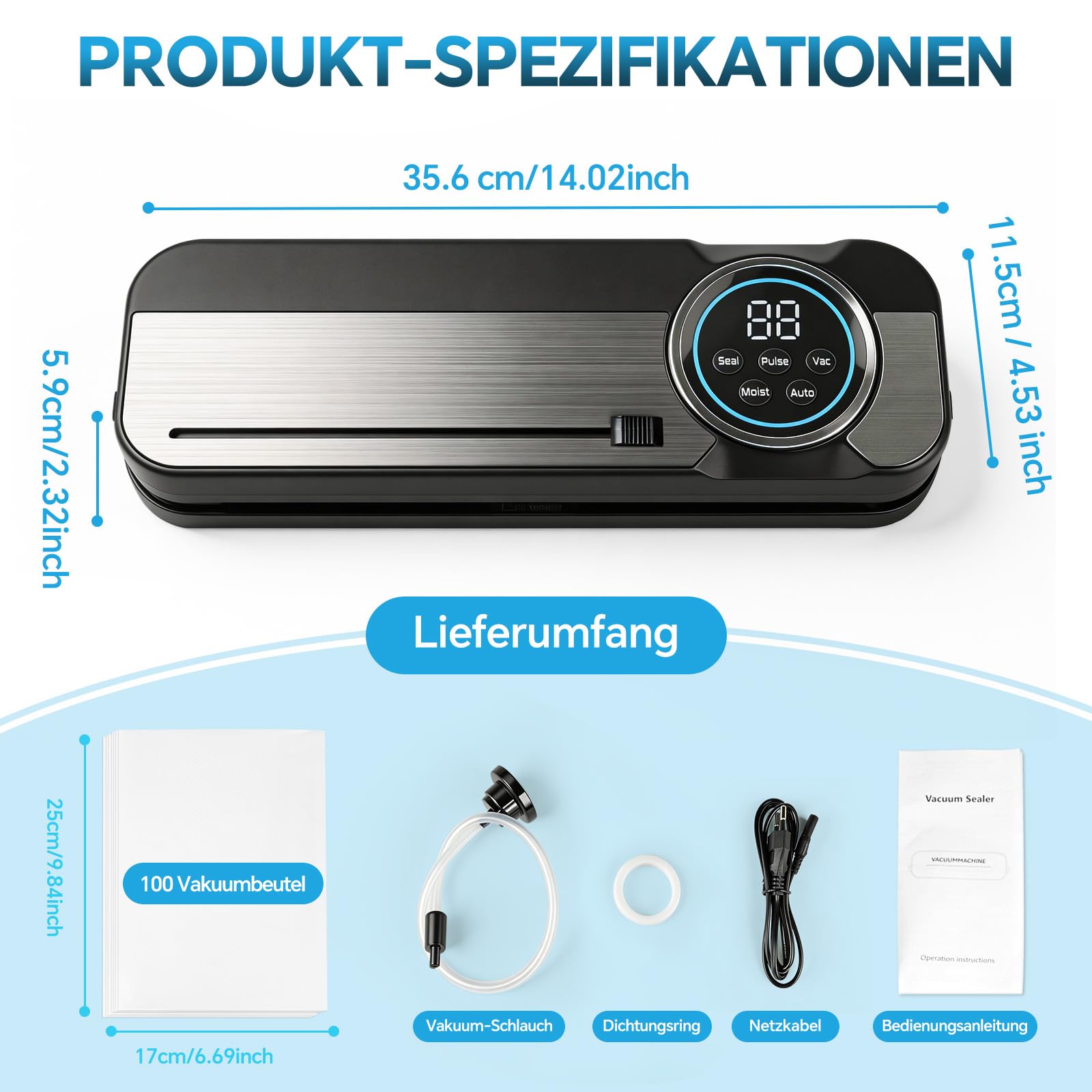 Maidlo Vakuumiergerät 120W 75kPa All-in-1 mit 100 BPA-freien Beuteln für Sous-Vide