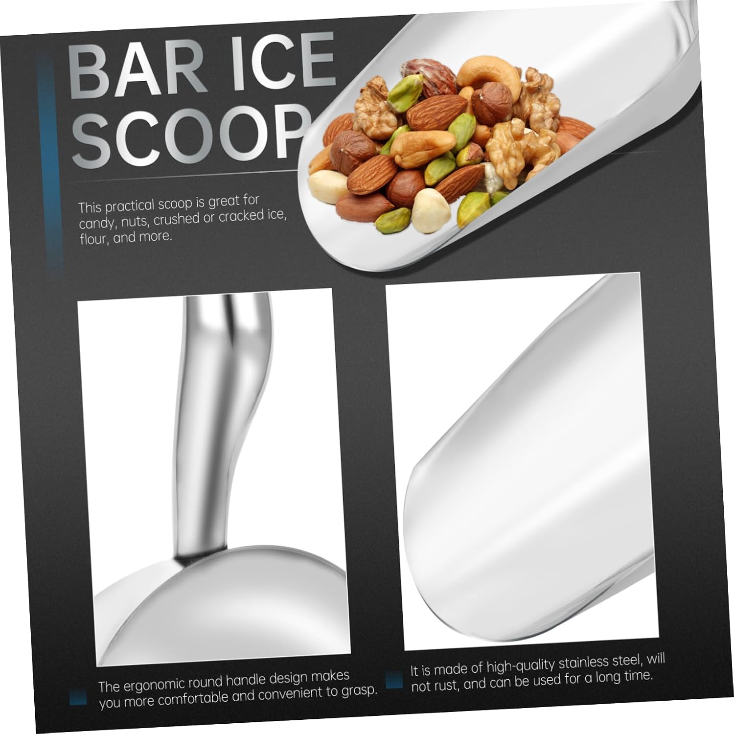 COLLBATH Stainless Steel Ice Scoop Heavy Duty Utility Tool for Candy Nuts Rice More Ergonomic Handle Design Dishwasher Safe for Parties Everyday Use