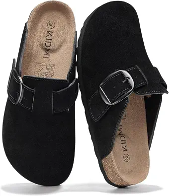 KIDMI Genuine Suede Clogs for Women Memory Foam Cork Footbed Potato Shoes Slip On Leather Mules with Big Buckle