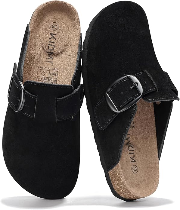 KIDMI Genuine Suede Clogs for Women Memory Foam Cork Footbed Potato Shoes Slip On Leather Mules with Big Buckle