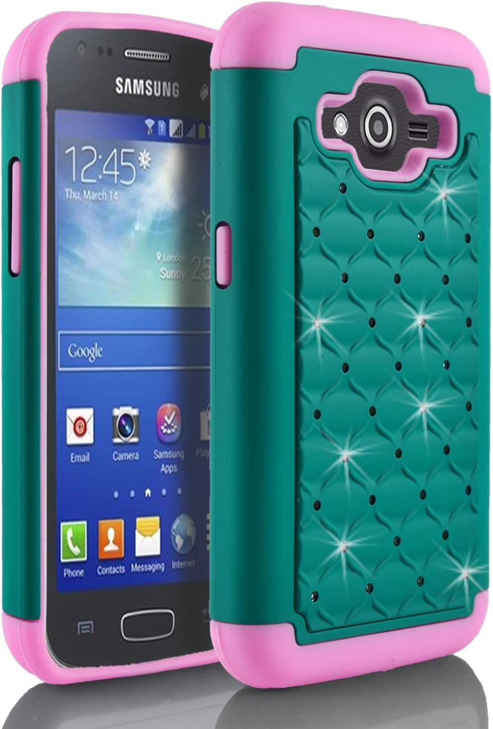 STARSHOP Galaxy Grand Prime Case, Galaxy Grand Prime Case, Slim Dual Layer Armor Phone Case Cover with Spot Diamond Pink/Teal