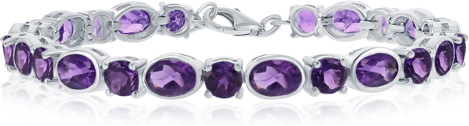 Sterling Silver Italian High Polish 7x5mm Oval & Round Amethyst or Blue Topaz Gemstone Bracelet