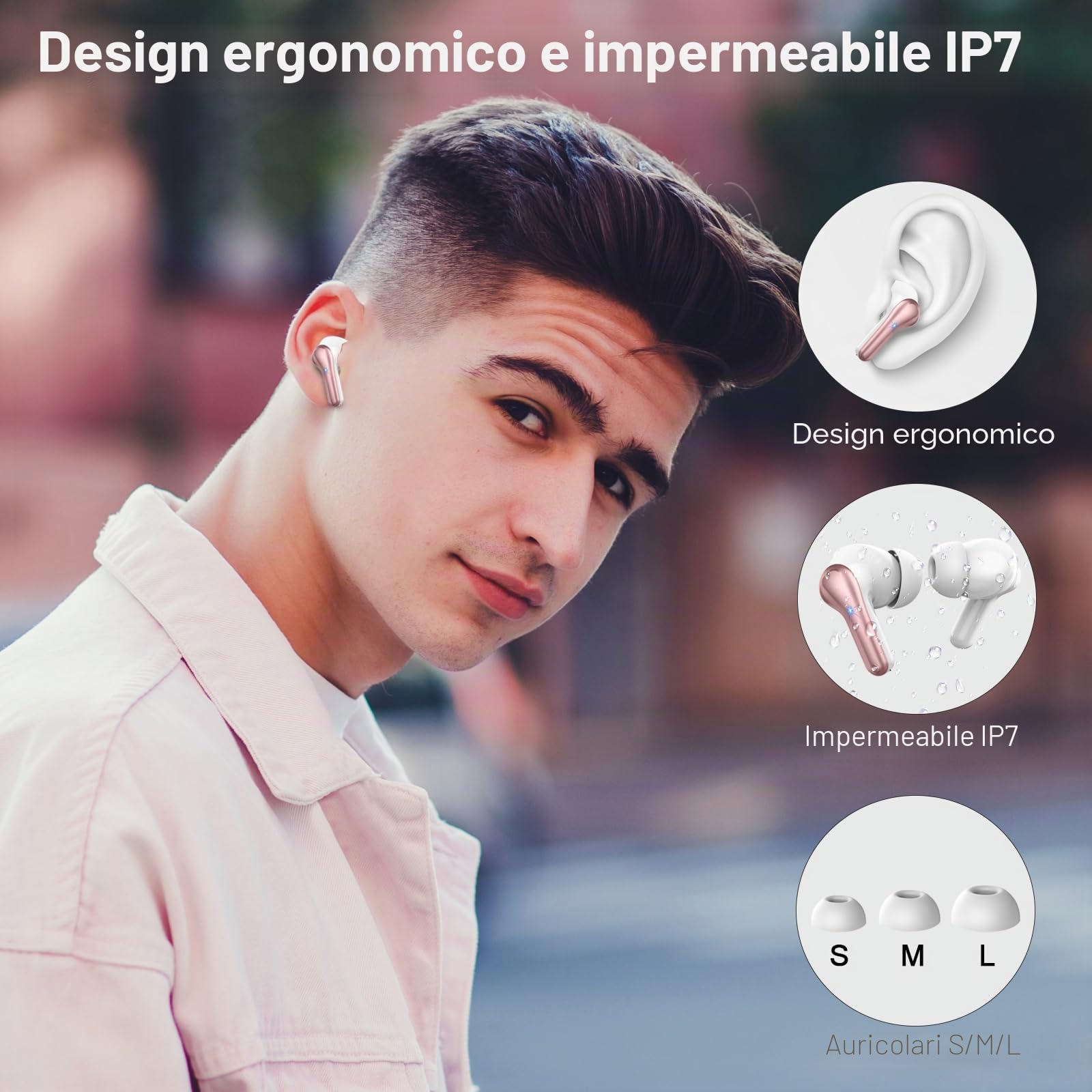 Cuffie Bluetooth, Auricolari Bluetooth 5.4 con 4 HD Mic, Cuffie Wireless Stereo HiFi, 45 Ore Cuffiette Bluetooth In Ear con LED Display, ENC Cancellazione Rumore, IP7 Impermeabili, Touch Control