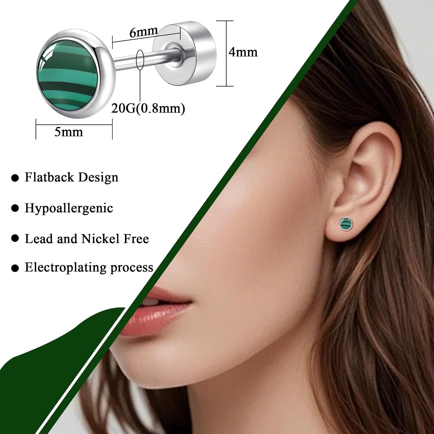 ZDE Titanium Flatback Earrings for Women Turquoise/Black Oxy/Malachite Stud Earrings Flat Back Ladies Earstuds Hypoallergenic Cartilage Flatback Earring 4MM/5MM image 2