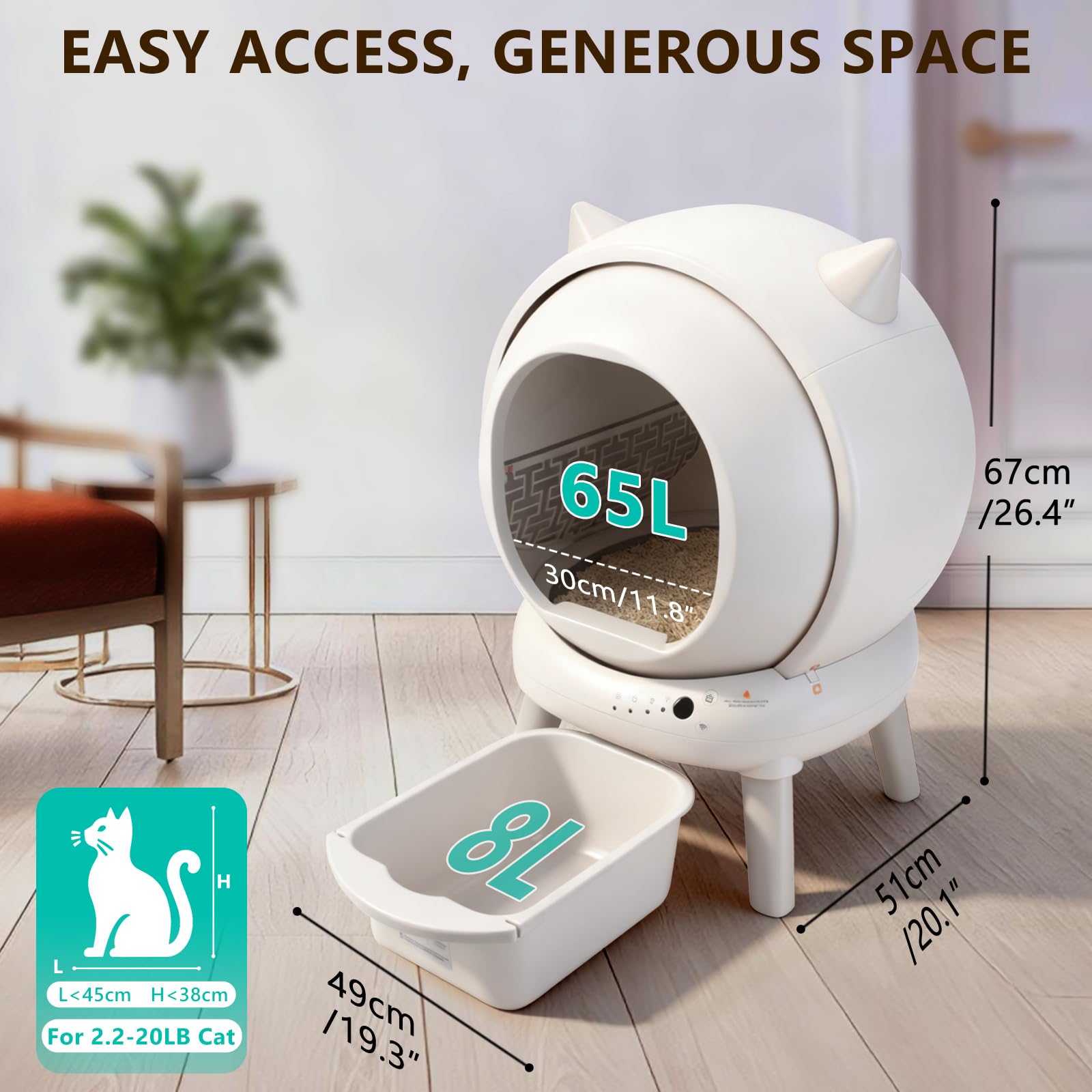 Lettiera per gatti autopulente, con controllo tramite app, 73 l, extra large, con sensore di sicurezza (anti-pizzico) e controllo degli odori, include sacchetti per la spazzatura e tappetino