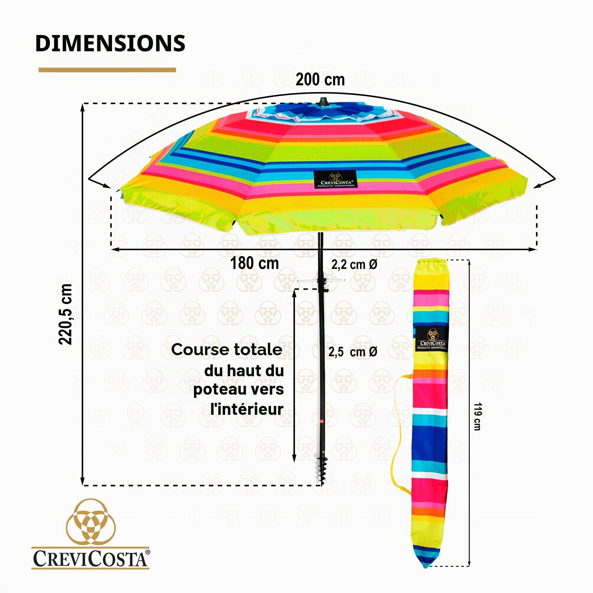 Parasol de plage modèle 200 cm avec spirale et poteau de parcours total. 8 baleines protection totale contre les rayons UV