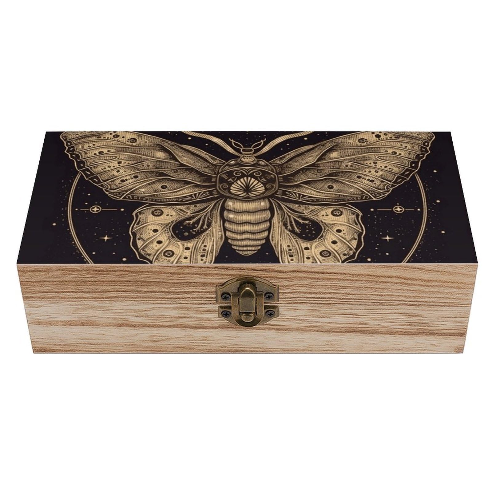 DWVTSLH Moth Wooden Storage Box Locked Wood Gift Box Decorative Keepsake Boxes Storage Bins, Memory Boxes for Pictures, Jewelry Organizer Unique Gift Ideas for Men Women