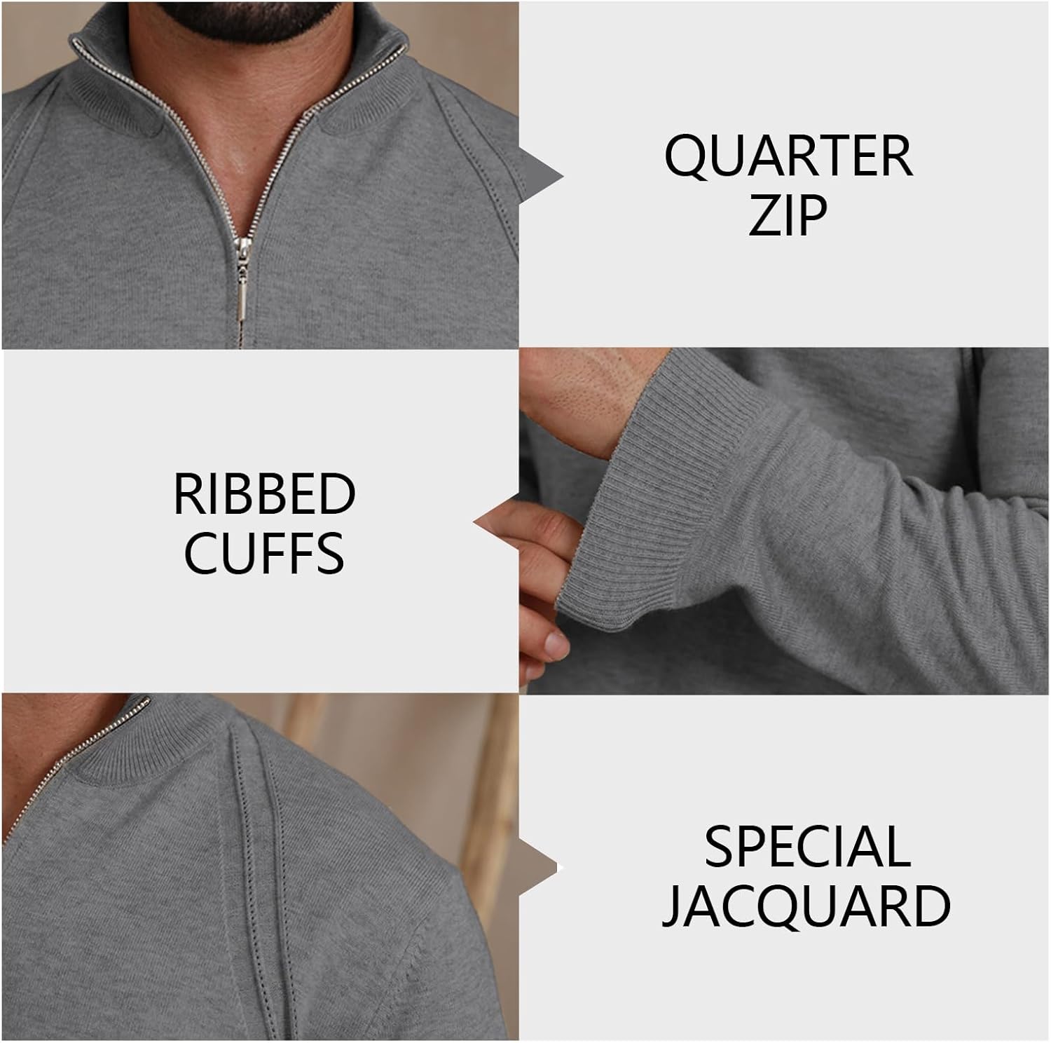 Mens Knit Pullover Sweater Quarter Zip Thermal Long Sleeve Slim Mock Neck Ribbed Thick Sweater - Image 4