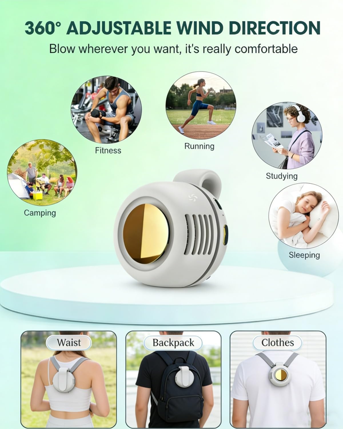 Small Whirlwind Clip Waist Neck Fan Portable Bladeless Rechargeable Hands-Free Wearable Cooling Fan 3 Speeds USB-C Fast Charging Silent for Outdoor Camping Travel Office Home Working(Mix3)