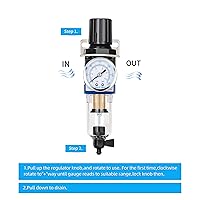Vista 4 de NANPU Regulador de Filtro de Aire Comprimido Combo NPT de 1/4", Elemento de Latón de 5 Micrones, Recipiente de Polímero, Drenaje Manual, Soporte