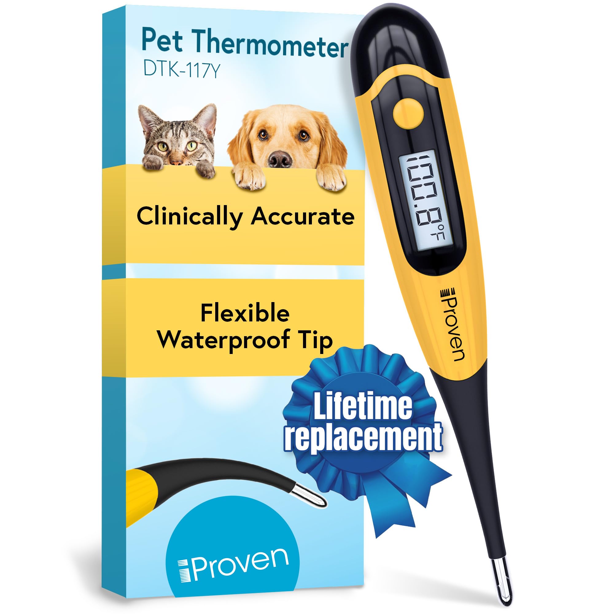 iProven Dog & Cat Thermometer for Accurate Fever Detection, Comfortable Flexible Tip, Waterproof Pet Thermometer, Fast Readings in 20 sec, Whelping and Veterinary Supply, DTK-117Y