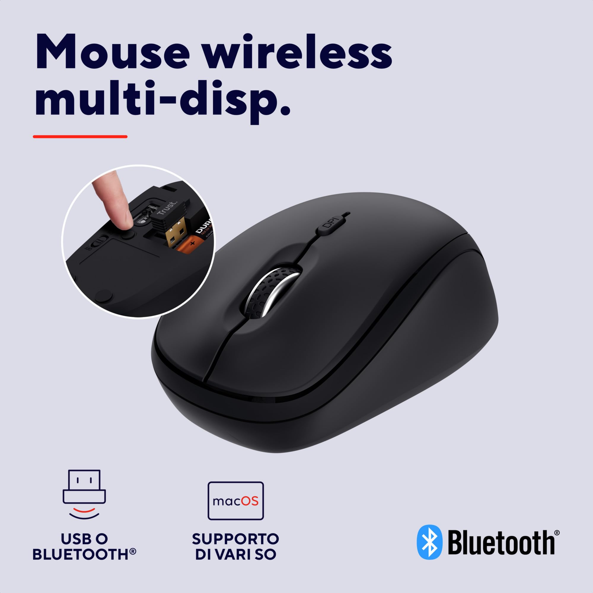 Trust Yuki Mouse Wireless Silenzioso Bluetooth + 2.4GHz con Batteria, Mouse Senza Fili Compatto per Mano Sinistra e Destra, 75% Plastica Riciclata, Mouse Bluetooth per Laptop PC iOS Android Mac