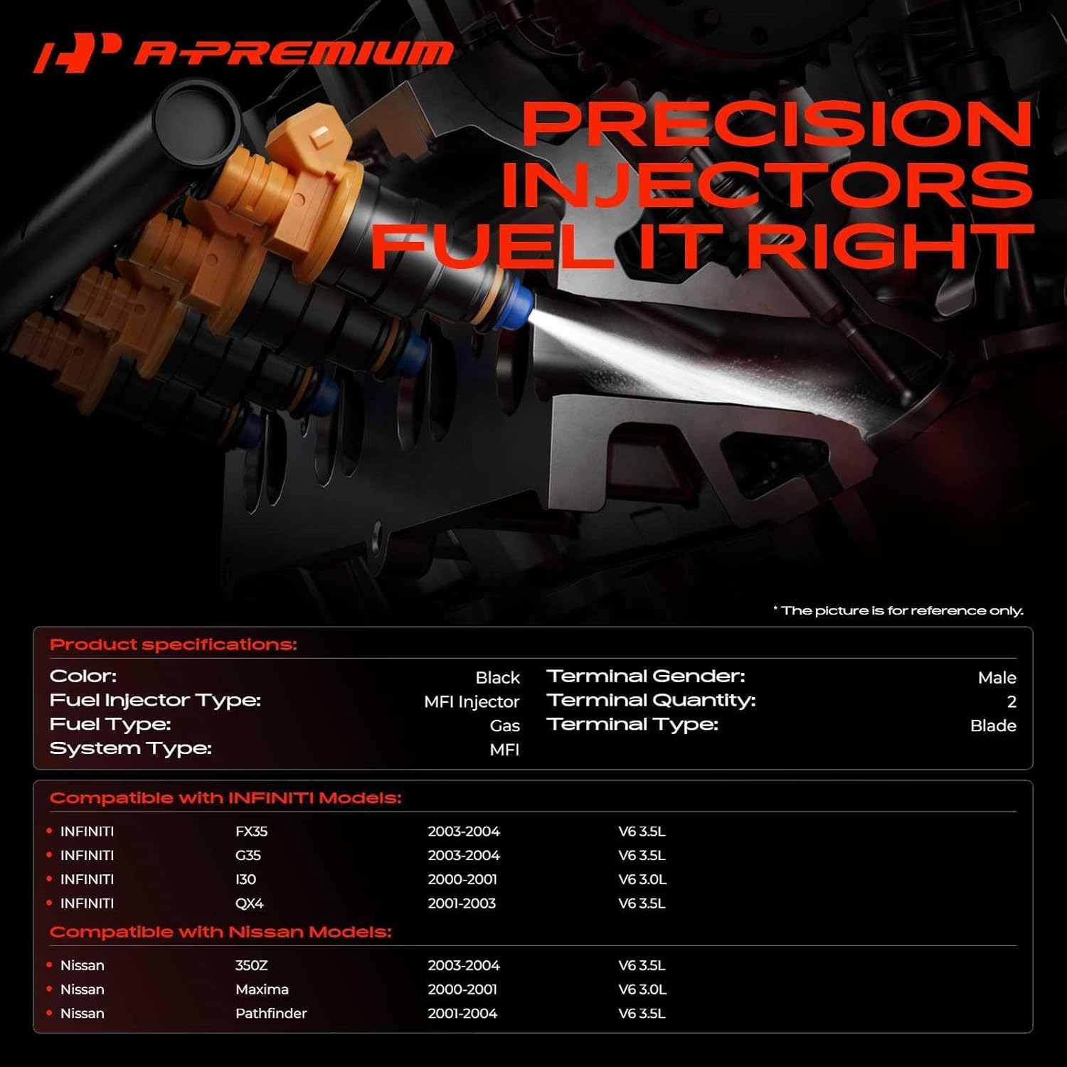 A-Premium Fuel Injectors Compatible with Nissan Pathfinder 2001-2004, Maxima 2000-2001, 350Z 2003-2004, FX35/G35 2003-2004, I30 2000-2001, QX4 2001-2003, 3.0L 3.5L, 6-PC Set