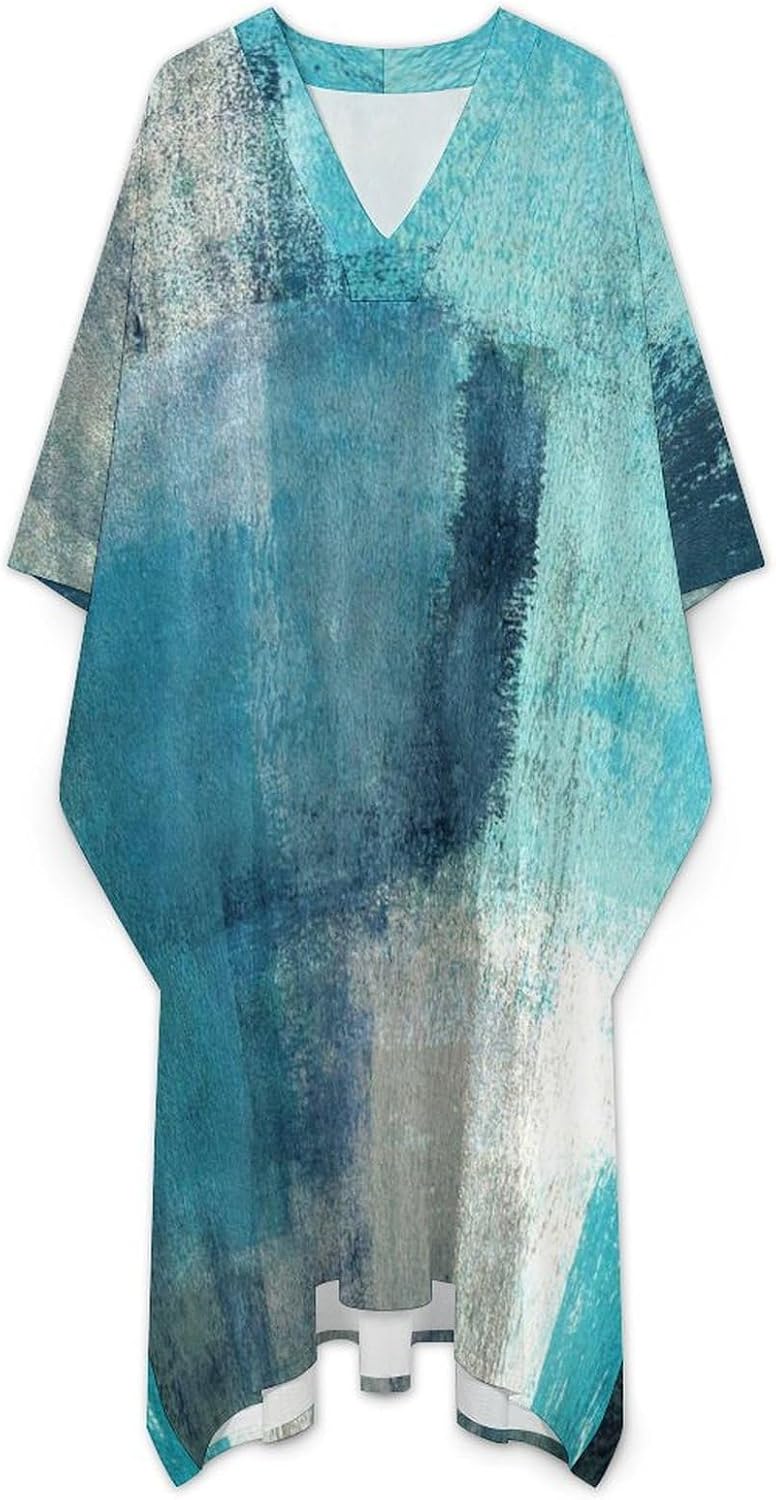 Turquoise And Grey Art Artwork Pattern Men's V-neck Robe Middle East Arabian Robe Butterfly Sleeves Kaftan 5XL