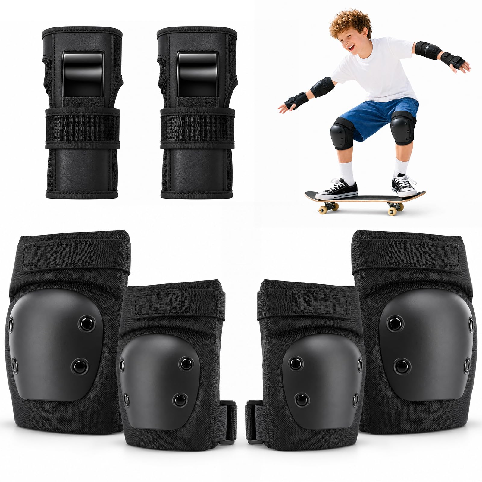 Youth Kids Adult Knee Pads Elbow Pads Wrist Guards Set, 6 in 1 Protective Gear for Roller Skating, Skateboard, Inline Skating, Scooter, BMX, Cycling, Outdoor Sports (3-15 Years & Adults)