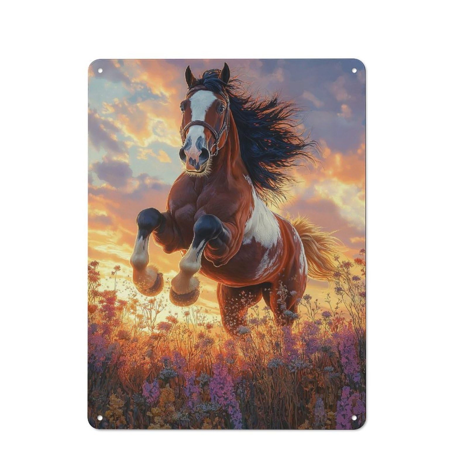 Junmoney Horse Leaping At Sunset In Field Of Flowers Tin Wall Plaque 40X30cm With For Home Bar Wall, A Decorative Christmas Gift For Hosts Who Enjoy Retro Interiors