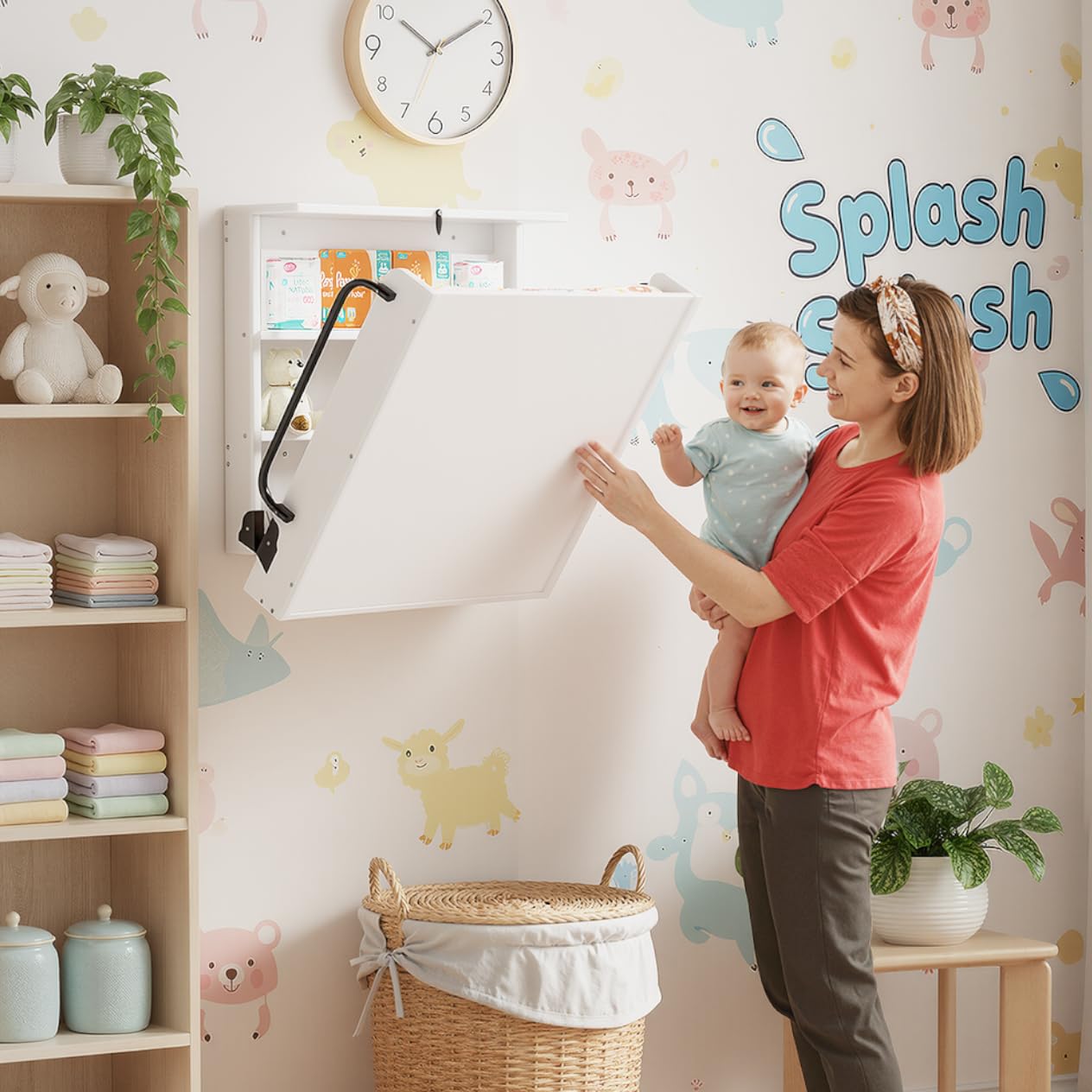 MSFE Wickelkommode Wickeltisch Klappbar, Baby Changing Table Wandwickeltisch mit 3 Regalfächern, Holz weiß