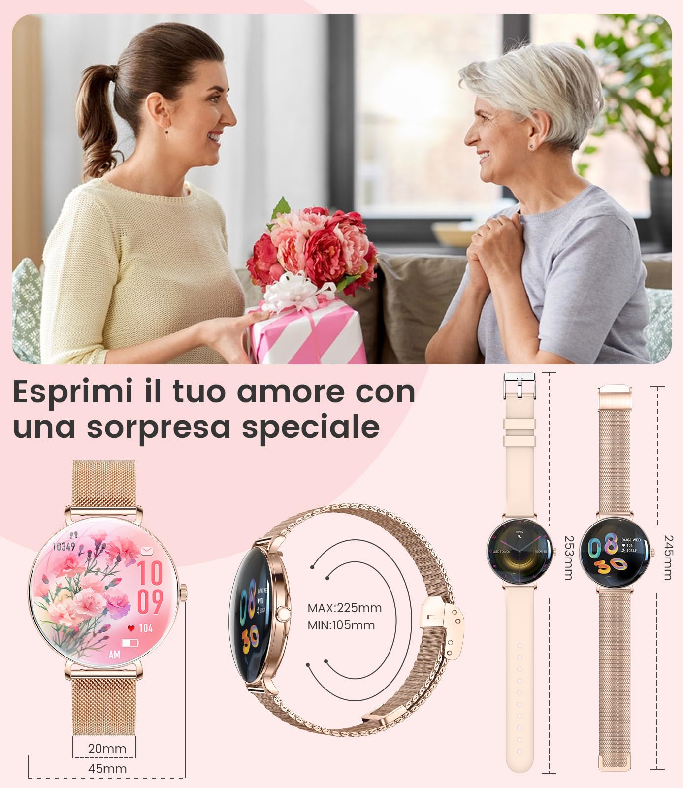 Smartwatch Donna con Chiamate,1,43" AMOLED Orologio Fitness Ultra Sottile con 2 Cinturini, 100+ Modalità Sportive, 24H Cardiofrequenzimetro, Monitoraggio Sonno, Ciclo Mestruale, IP68, per Android iOS