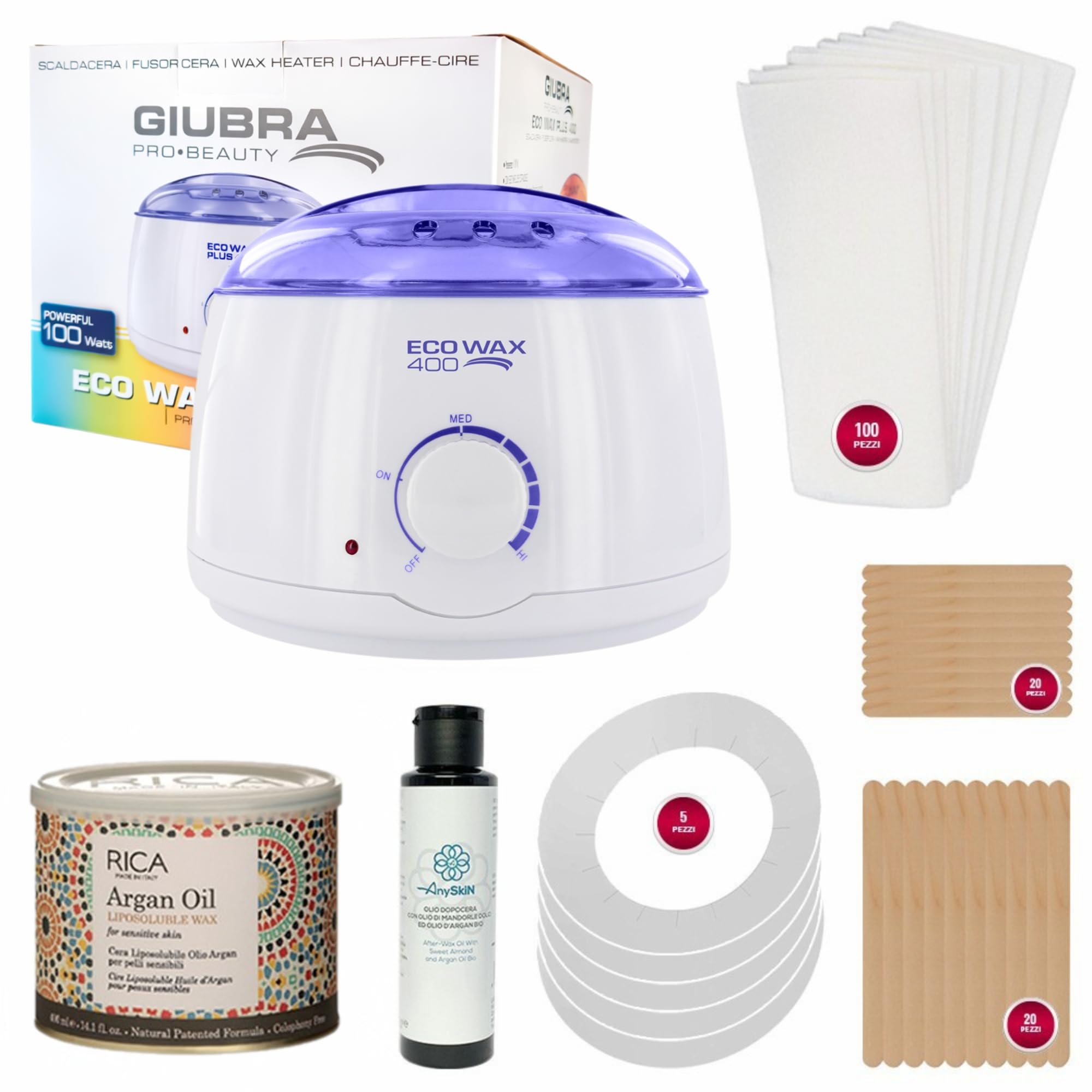Anyskin kit Ceretta con Scaldacera Professionale, Cera Liposolubile Rica 400ml Rosa o Argan, Anyskin Olio Dopocera 100ml, Spatole in Legno 40pz. e Strisce Depilatorie Tnt 100pz.