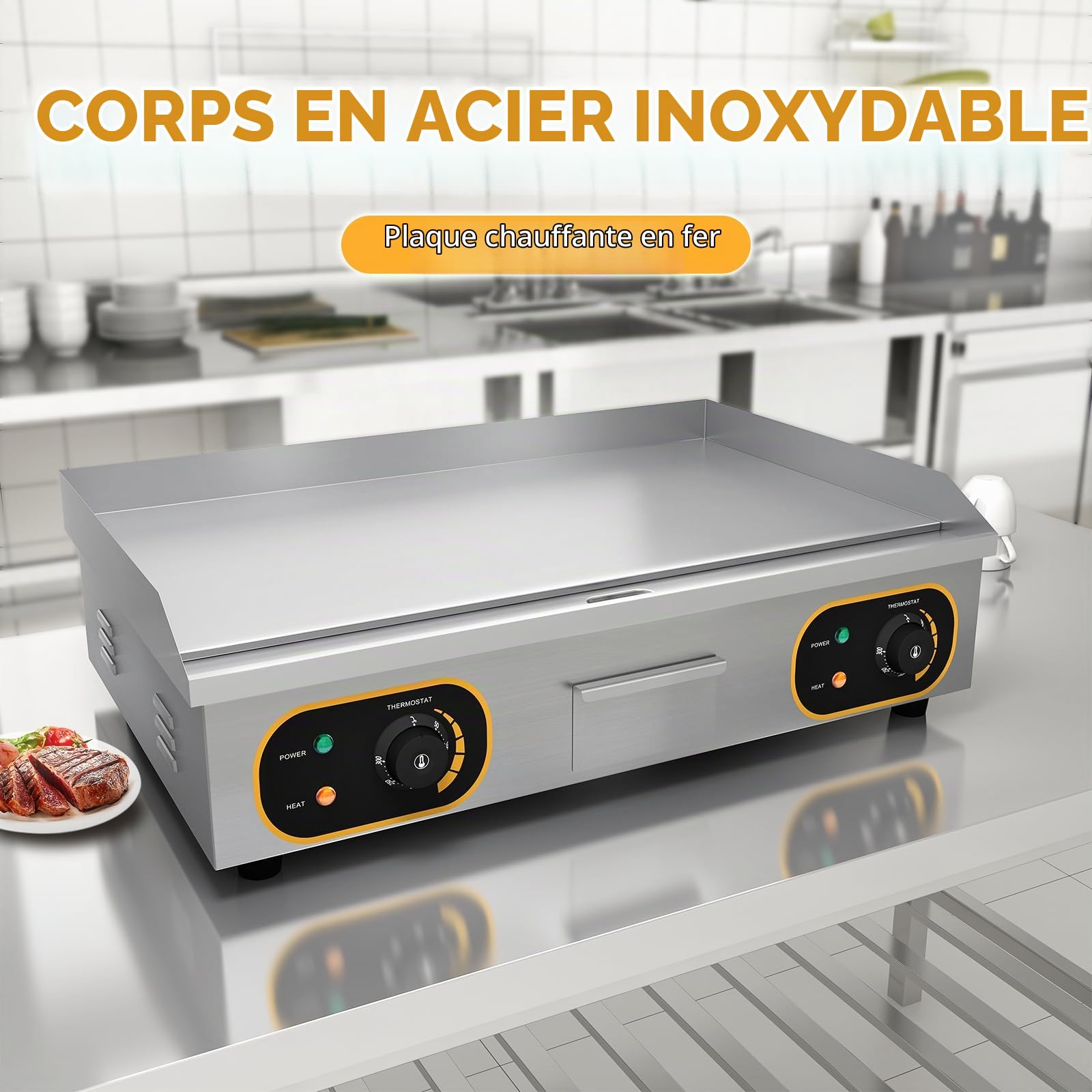 Plancha Électrique Professionnelle Inox 4400W De Gril En Le Fer 73 * 43cm, Thermostat 50 À 300°C, 2xThermostat, 2 Prises (Entièrement Lisse)