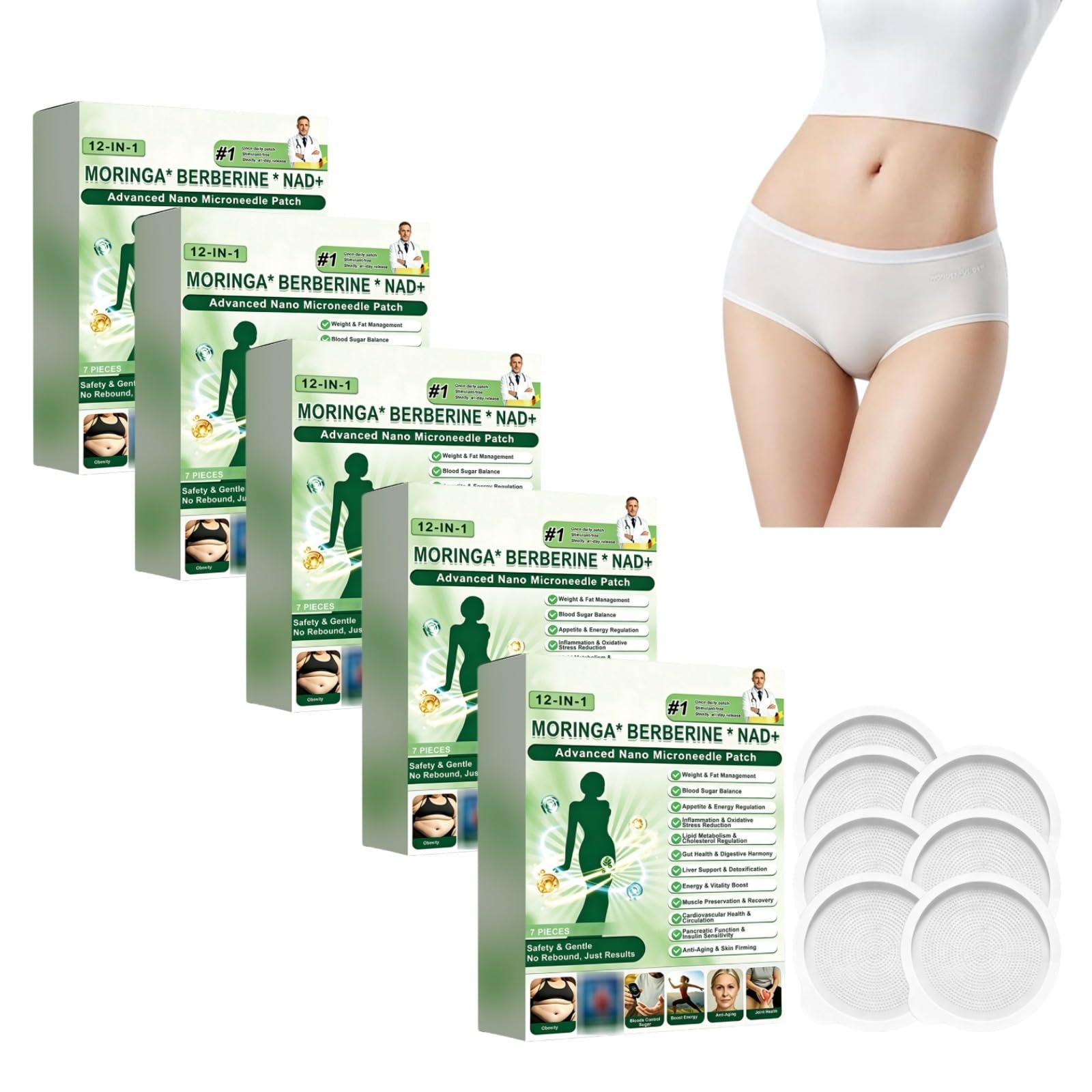 Patchs Berberine x NAD 12 EN 1 avec Moringa, Patch Nano Microneedle, Ingrédients Naturels, Doux et Efficace, Raffermissant la Peau, Facile à Appliquer, pour Hommes et Femmes