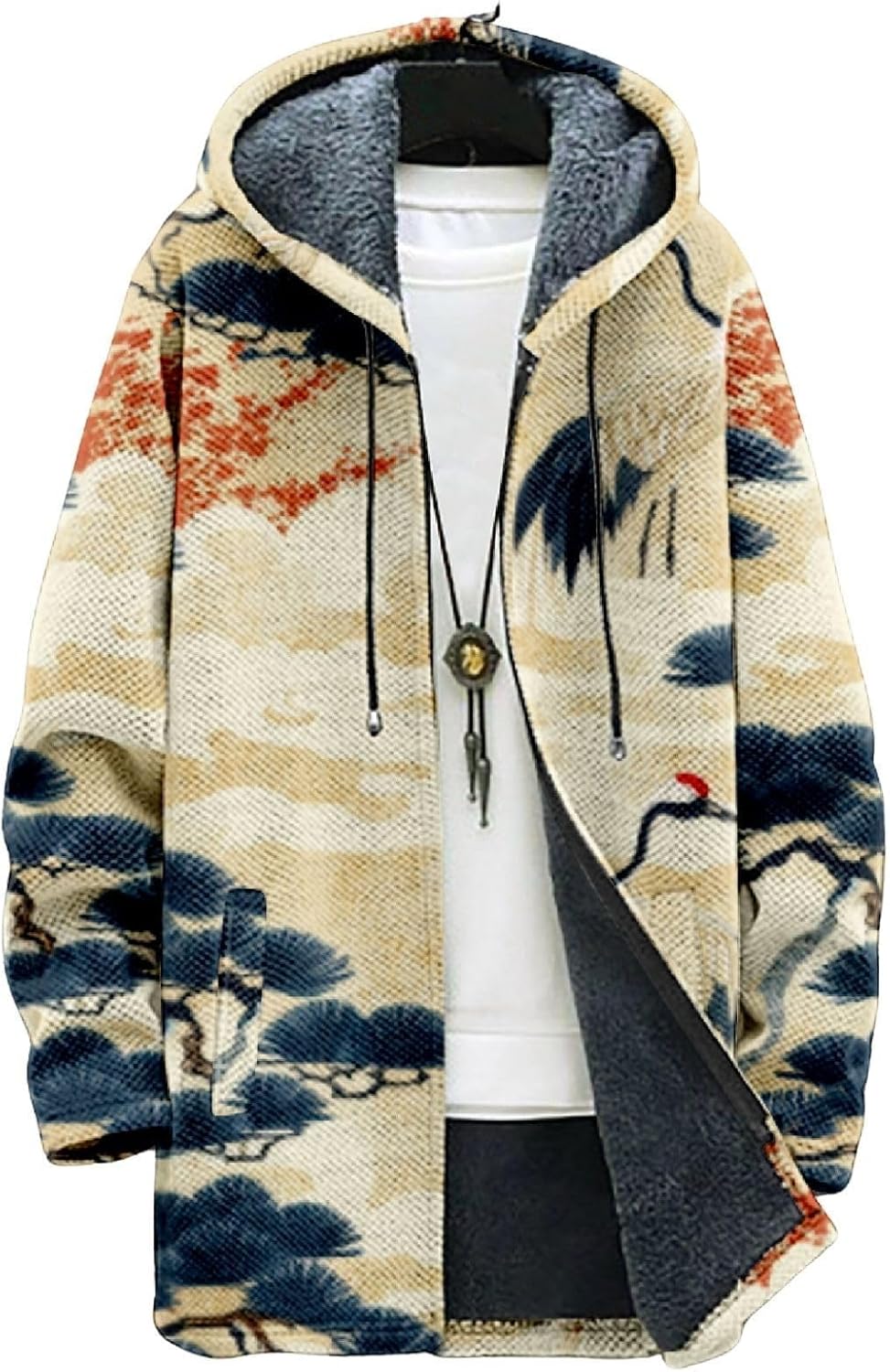 2025 Men's Ethnic Pattern Hooded Jacket Long Cardigan Hoodies Full Zip Vintage Knit...