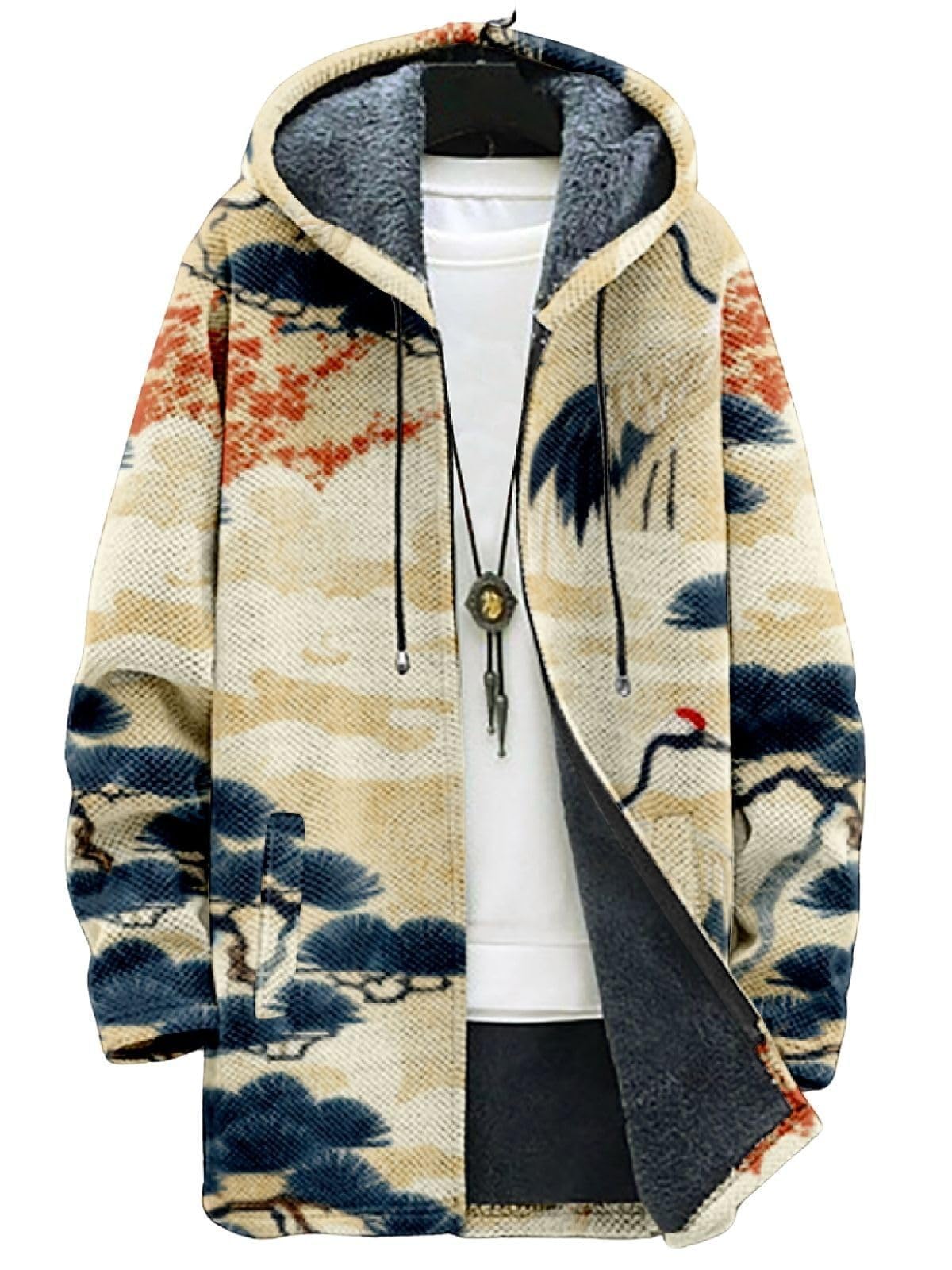 - 2025 Men's Ethnic Pattern Hooded Jacket Long Cardigan Hoodies Full Zip Vintage Knitted Zipper Coat with Pocket