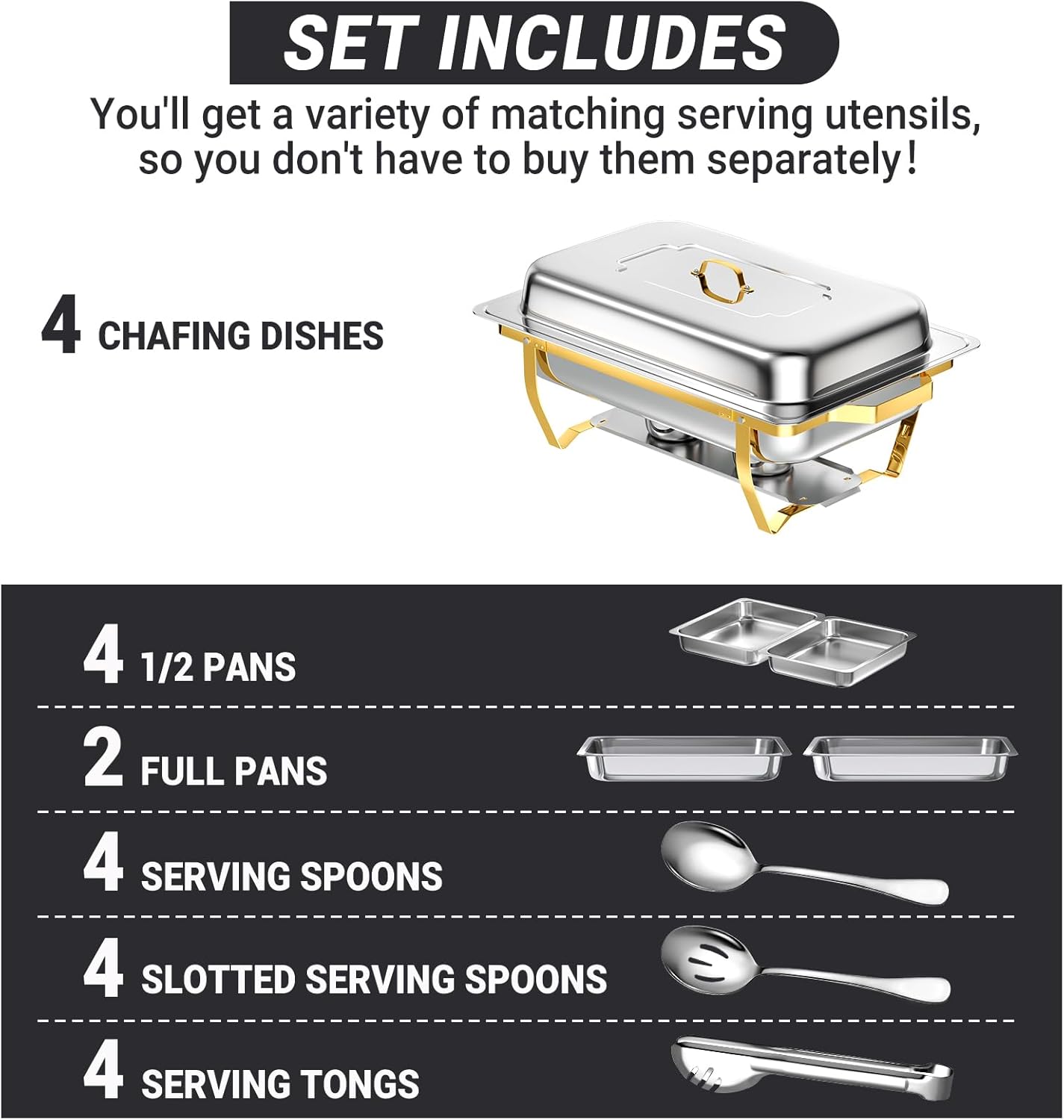 Chafing Dishes for Buffet, 8 Qt High Grade Chafing Dish Buffet Set, Rolled-Edge Design Food Warmers for Parties, Buffet, Wedding, Birthday, Camping 4 Pack 6 Pans [Half Gold]