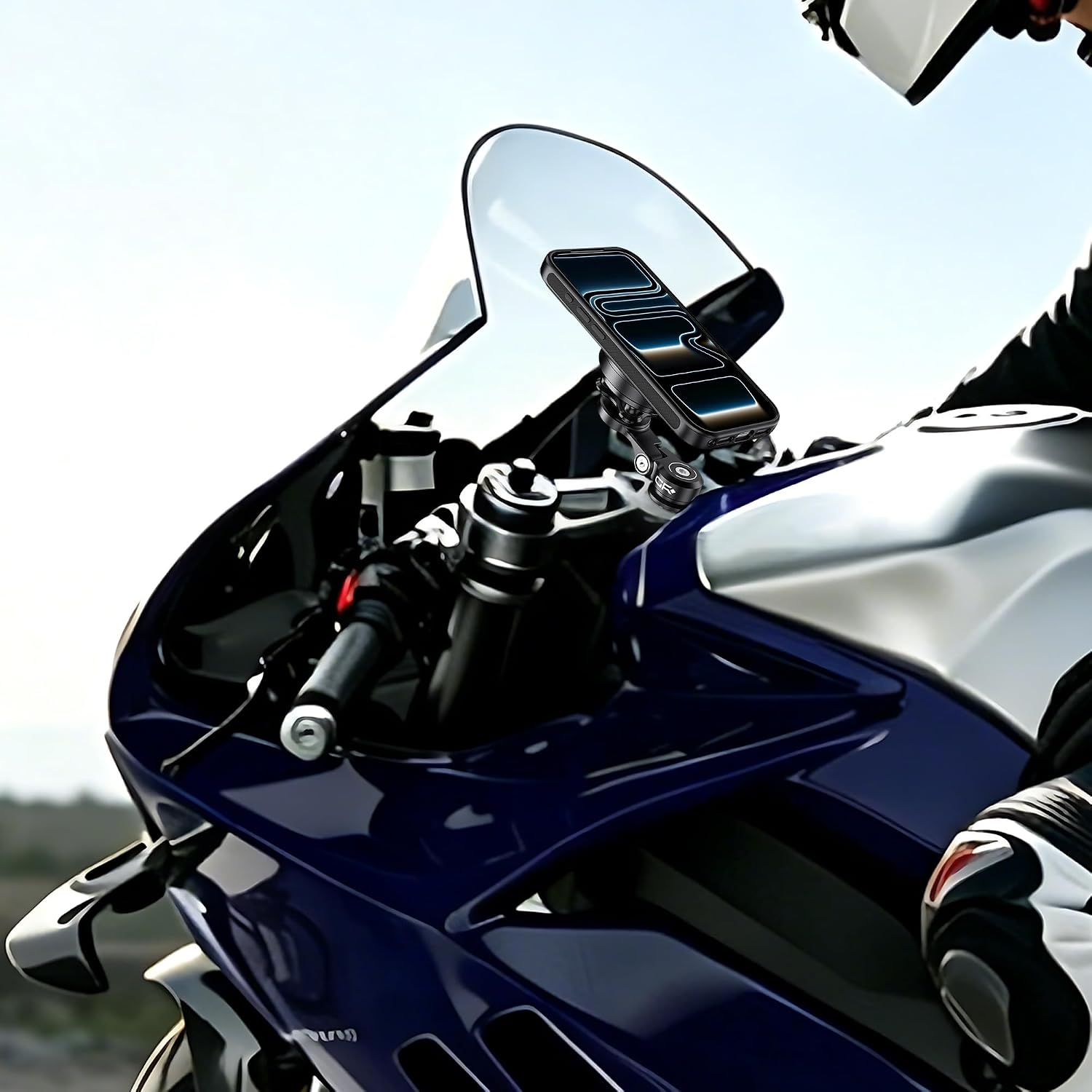 Motorcycle Phone Mount with Vibration Dampener PRO 0.47''-1.26'' Fork Stem Phone Mount for iPhone 17 Pro Max Aluminum Alloy Mount High-Speed Secure Lock
