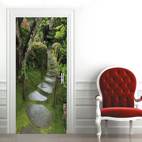 Adhesivos 3D para puertas interiores, camino de piedra húmeda en jardín zen japonés en verano, vinilo impermeable autoadhesivo para puerta de