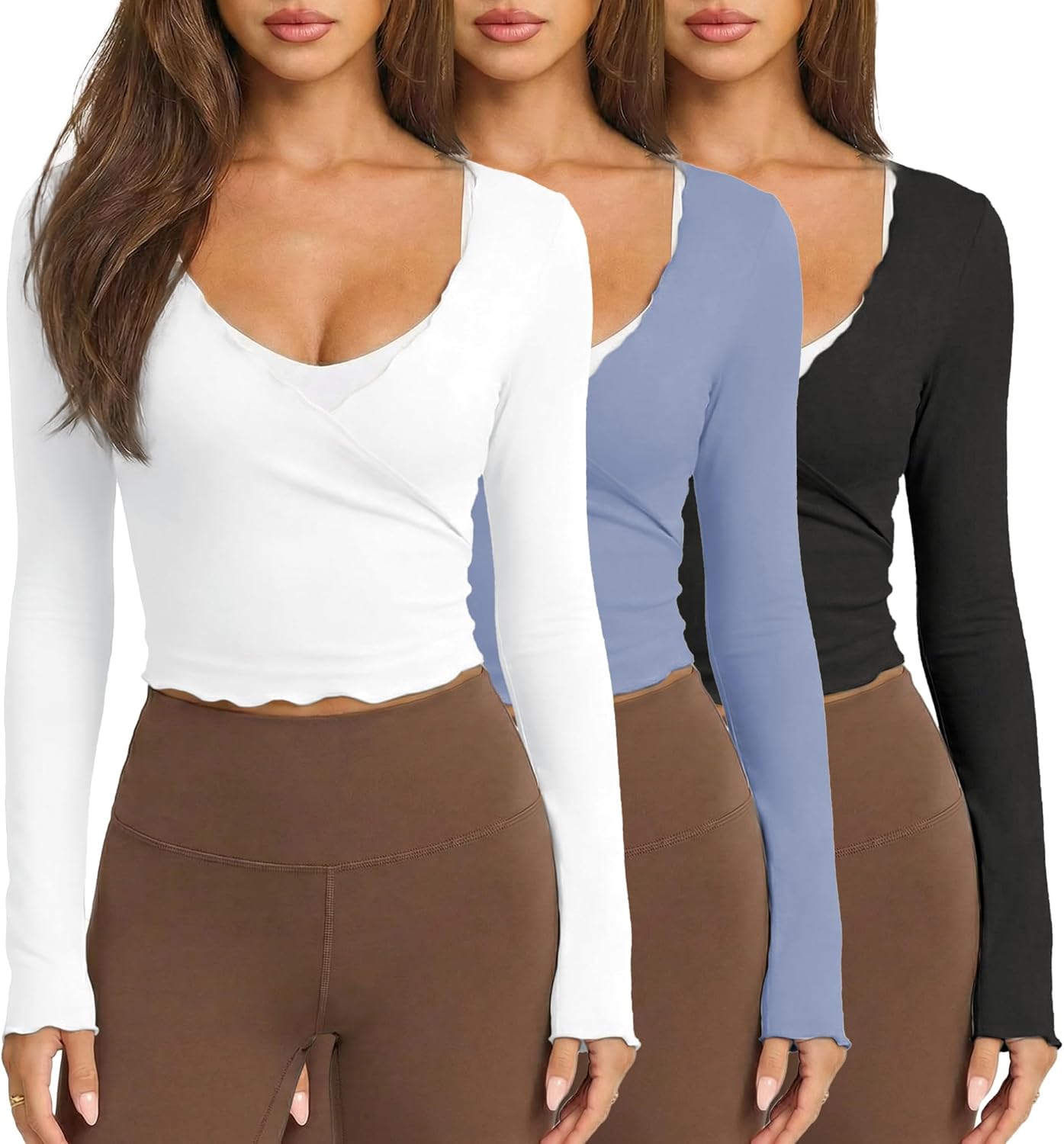 Womens Ballet Wrap Tops Cropped Long Sleeve Self Tie Front Shirt Y2K Workout Yoga Pilates Dance Cover Up Blouse