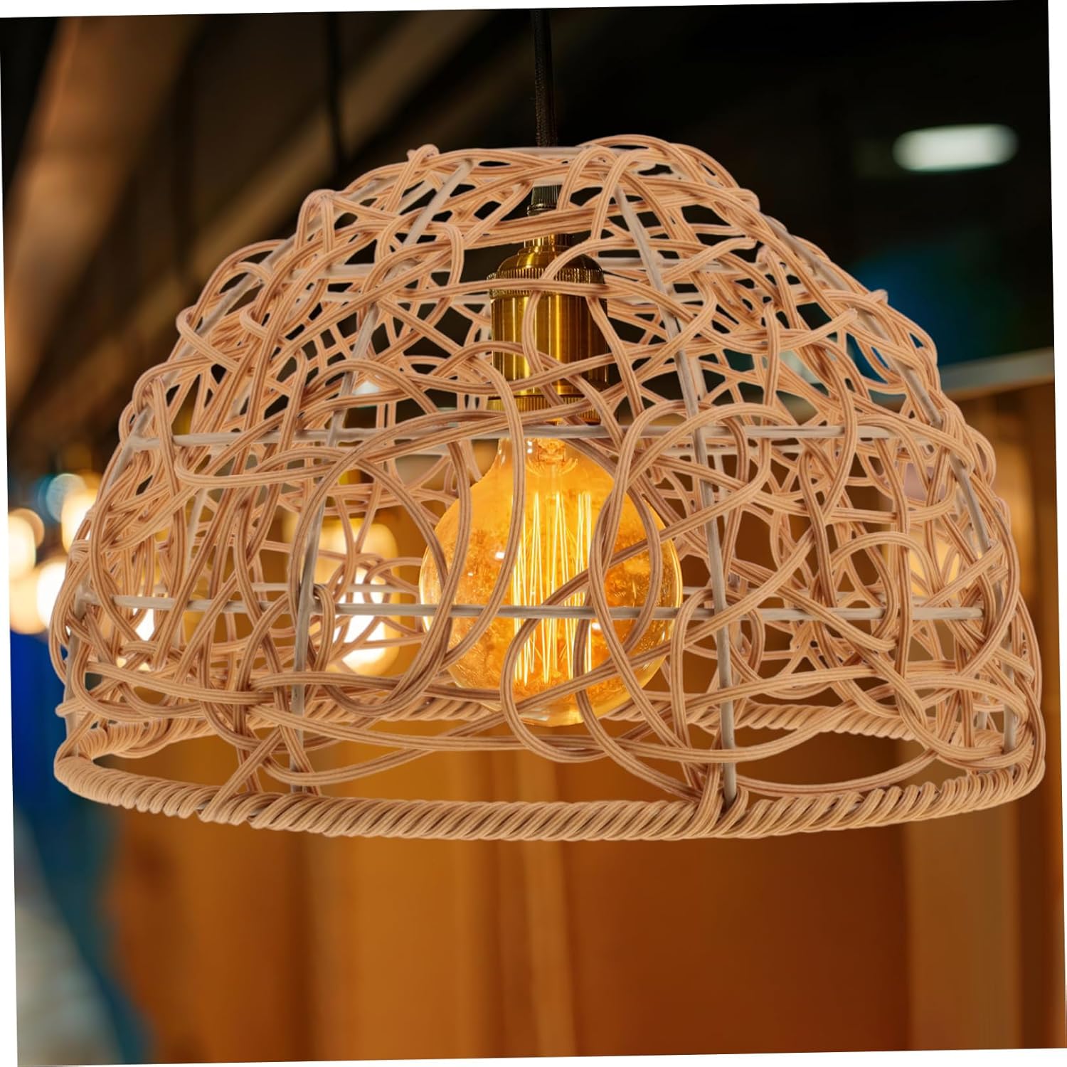 Luxshiny Handwoven Rattan Lampshade Round Wicker Pendant Light Cover Boho Decorative Shade