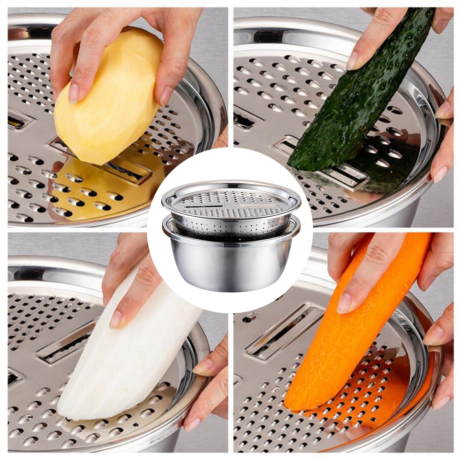 2 Set Edelstahl Küchensieb mit Gemüseschneider und Siebkorb, Salatbereiter Schüssel und Reibe, stapelbares Design