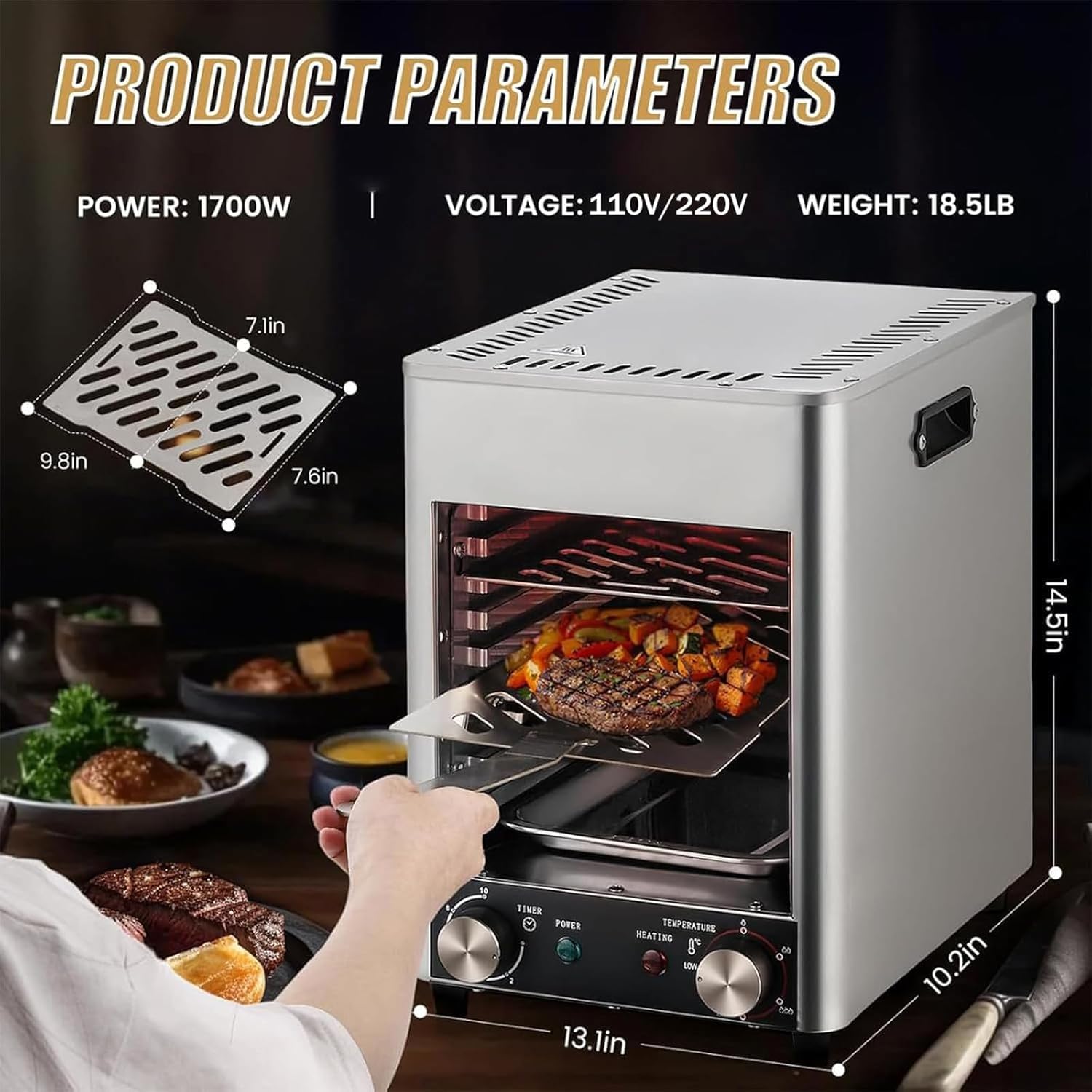 Bezdymny elektryczny grill do steków, przenośny piekarnik do użytku wewnętrznego, regulowana temperatura 800°C, 10-minutowy timer, idealny do gotowania w domu i grillowania
