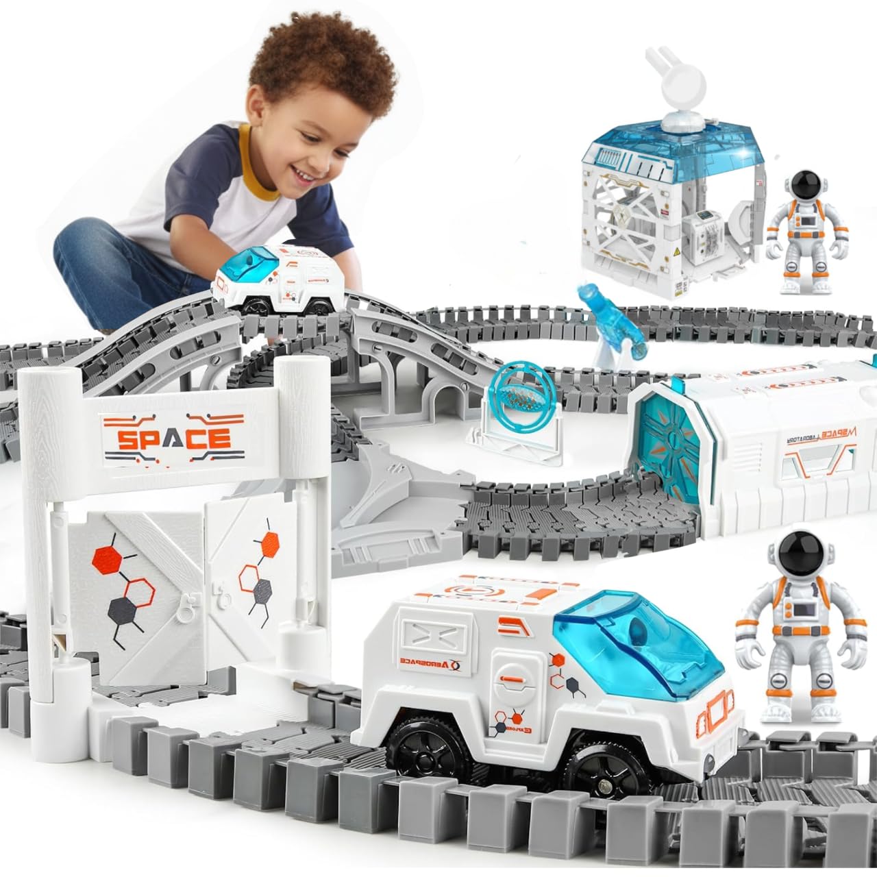 SNAPTRON Space Race Track, Space Train Track Set, 143PCS DIY Flexible Tracks Toys for Boys 7-14 Years| Train Set for Kids with 1 Mini Star Projector, 1 Light Up Car & 2 Astronauts Toy for Kids