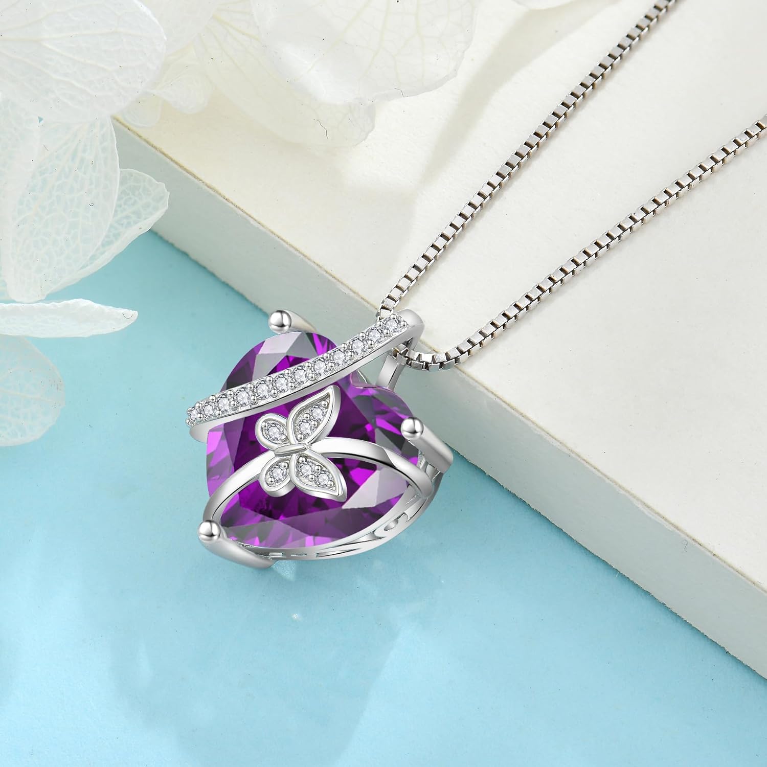 Butterfly Necklace for Women 925 Sterling Silver Heart Birthstone Necklace Jewelry Gifts for Women Her Mom Wife Daughter