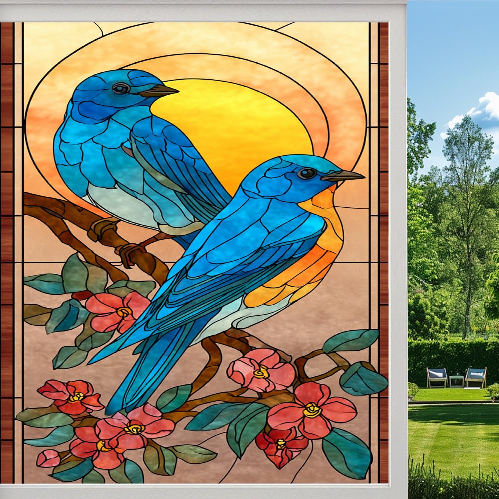 Pmlbaous Branch Birds Frosted Window Film, Rural Flowers Sunset Stained Glass Privacy Film, Heat Insulation Self-Adhesive Vinyl For Bathroom Office, （45X60cm）