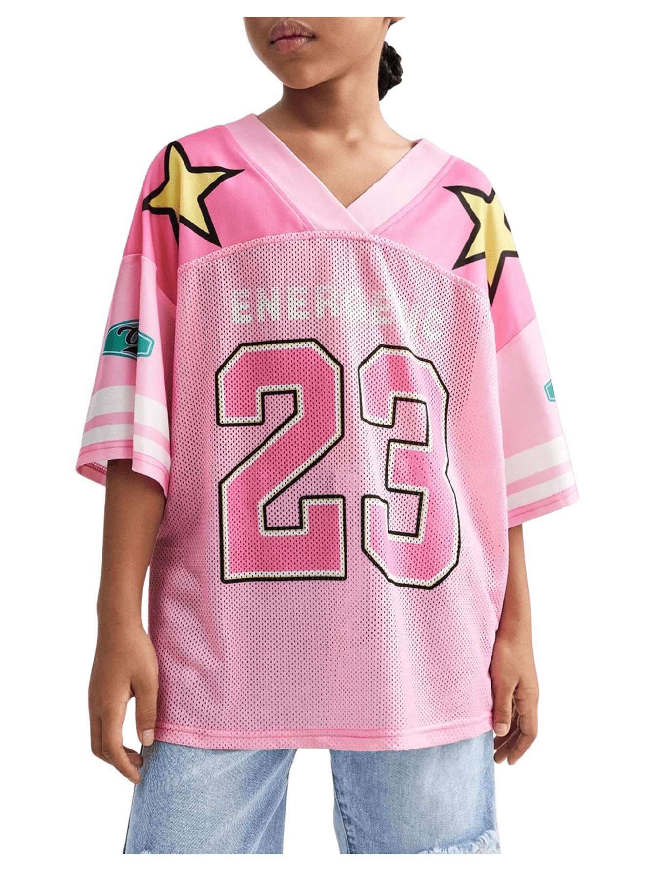 Floerns Camicia in jersey da ragazza stampata oversize a maniche corte in rete con scollo a V camicie sportive in jersey