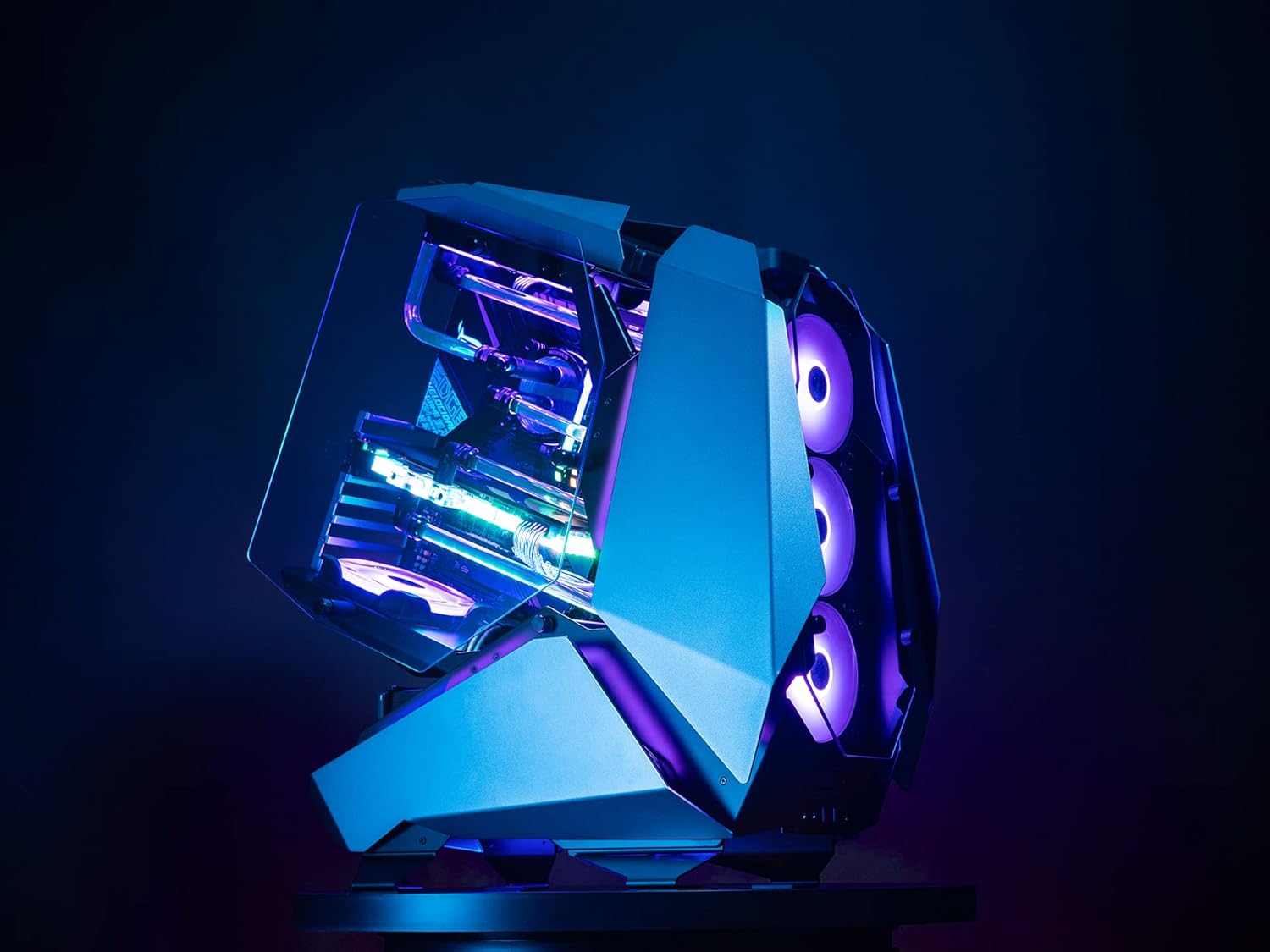 Side view of JONSBO MOD5 case showing its unique angled design and transparent side panel