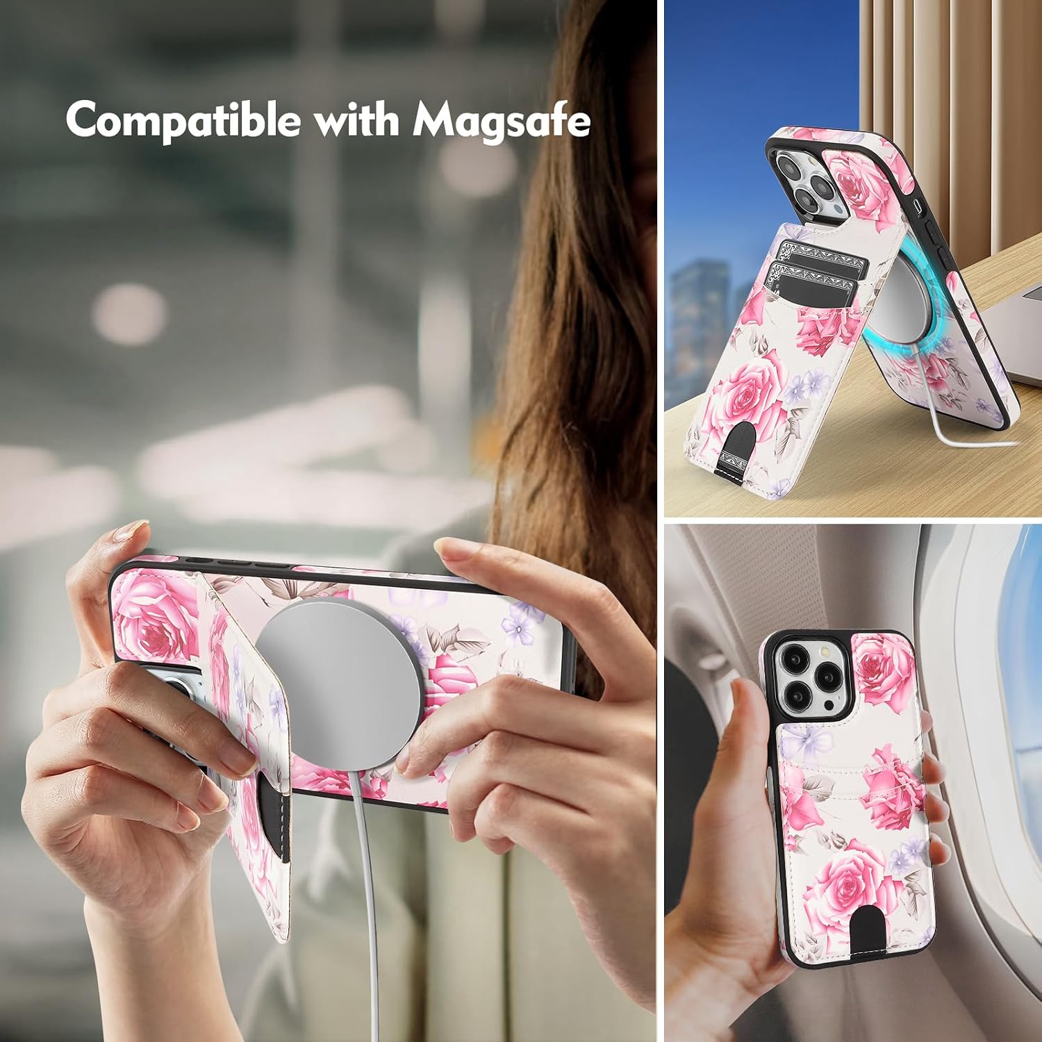SkyEagle Compatible with Magsafe for iPhone 13 Pro Max Wallet Case with Card Holder Kickstand RFID Blocking Flip Cover Credit Card Slots PU Leather Men Women,for Apple 13 ProMax,White/Rose Flower image 4