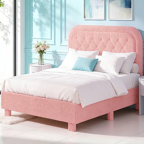 Miniatura 15 de VINGLI Base de cama individual para niños, cama de plataforma tapizada Boucle con cabecera ajustable, soporte de listones de madera resistente, cama