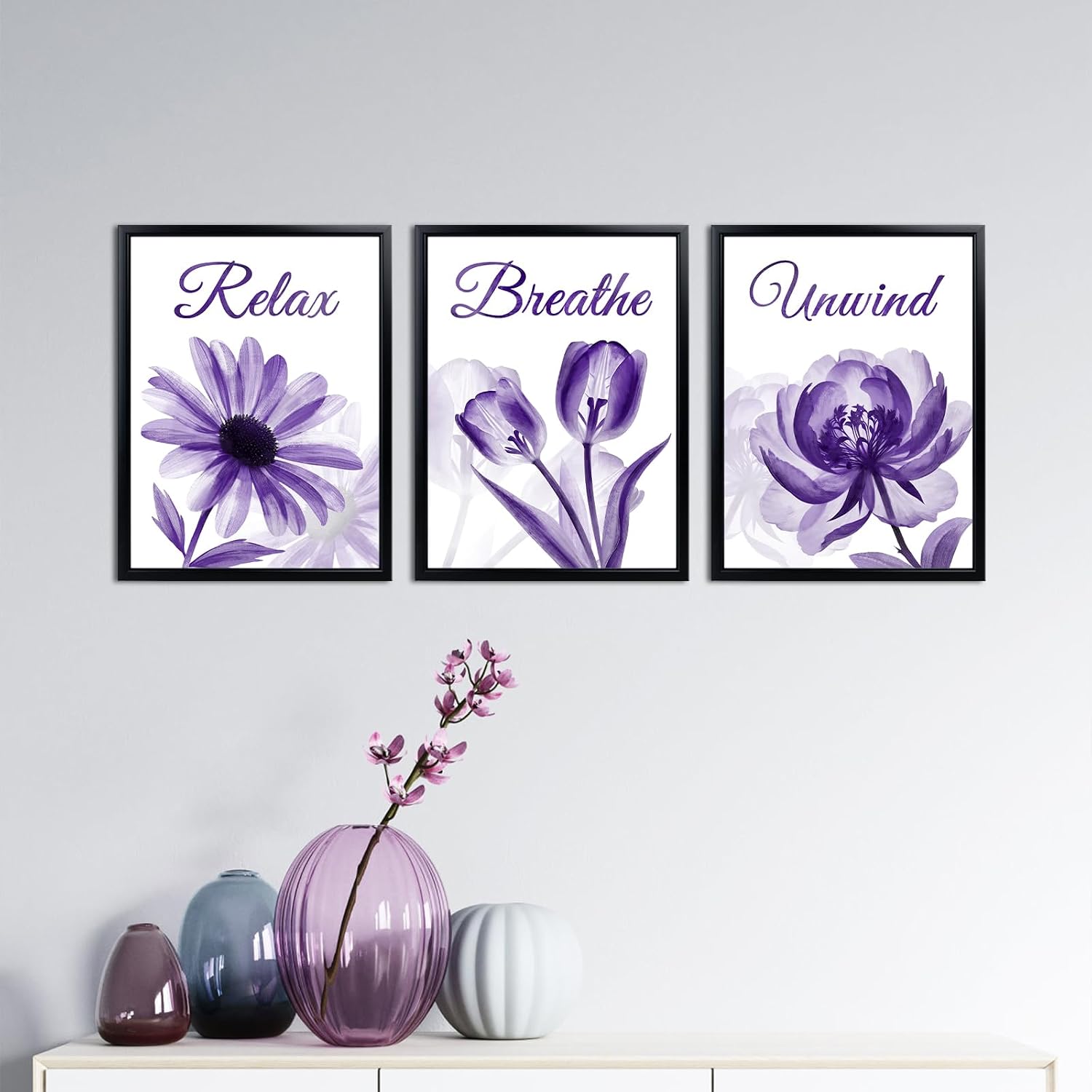 NutArtPic Purple Flower Wall Art Floral Pictures Purple Painting Prints Black Framed for Home Decor 12''x16''x3pcs