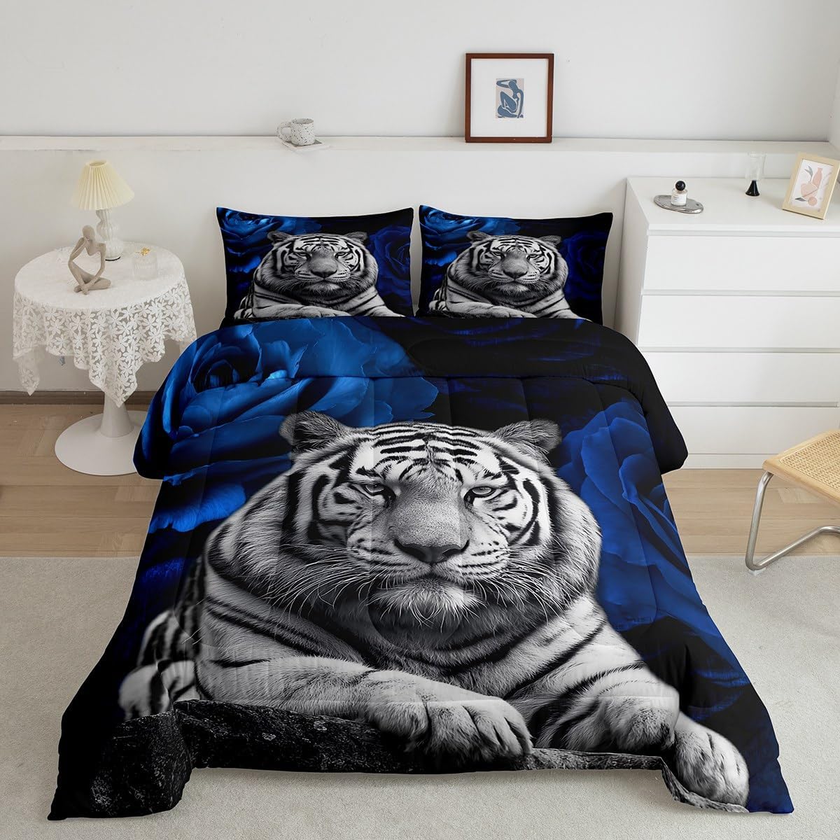 Manfei Tiger Print Kids Comforter Set Queen Size,Blue Rose Flowers Dreamy Bedding Set,Girls Boys Adults Room Decor,Abstract Wild Animals Fur Down Comforter,Black Grey Noble Duvet Insert,2 Pillowcases