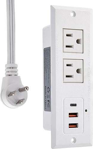 Miniatura 2 de Regleta de alimentación empotrada con puertos USB-C, carga rápida, 2 puertos USB A, con cable de extensión de enchufe plano de 6 pies y 45 grados, 2