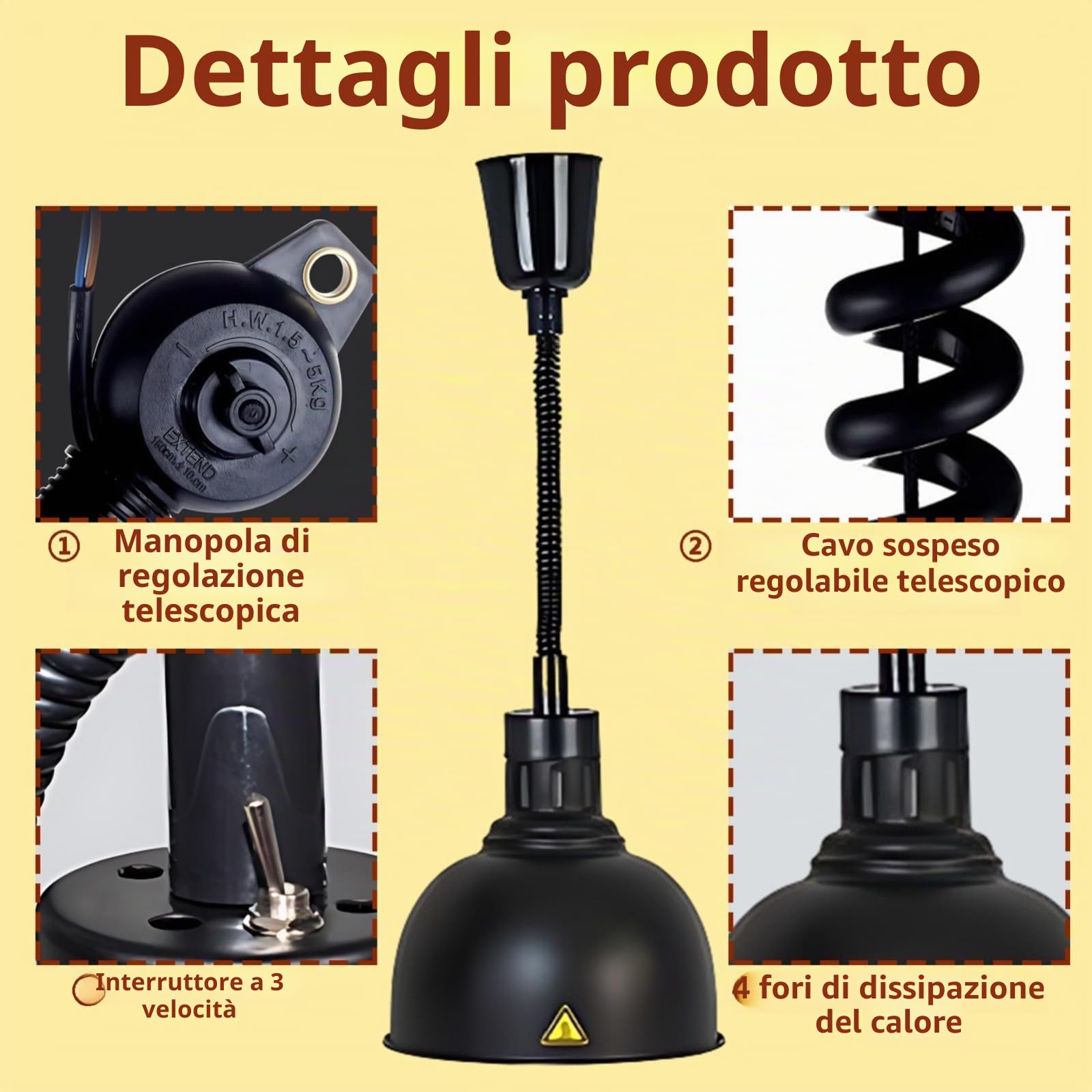 Lampada Riscaldante Cucina Regolabile 19cm/25cm Diametro (25cm) | Nero Lampade Scaldavivande Cucina, Sospeso Lampada Riscaldante per Alimenti per Cucine, Buffet e Hotel
