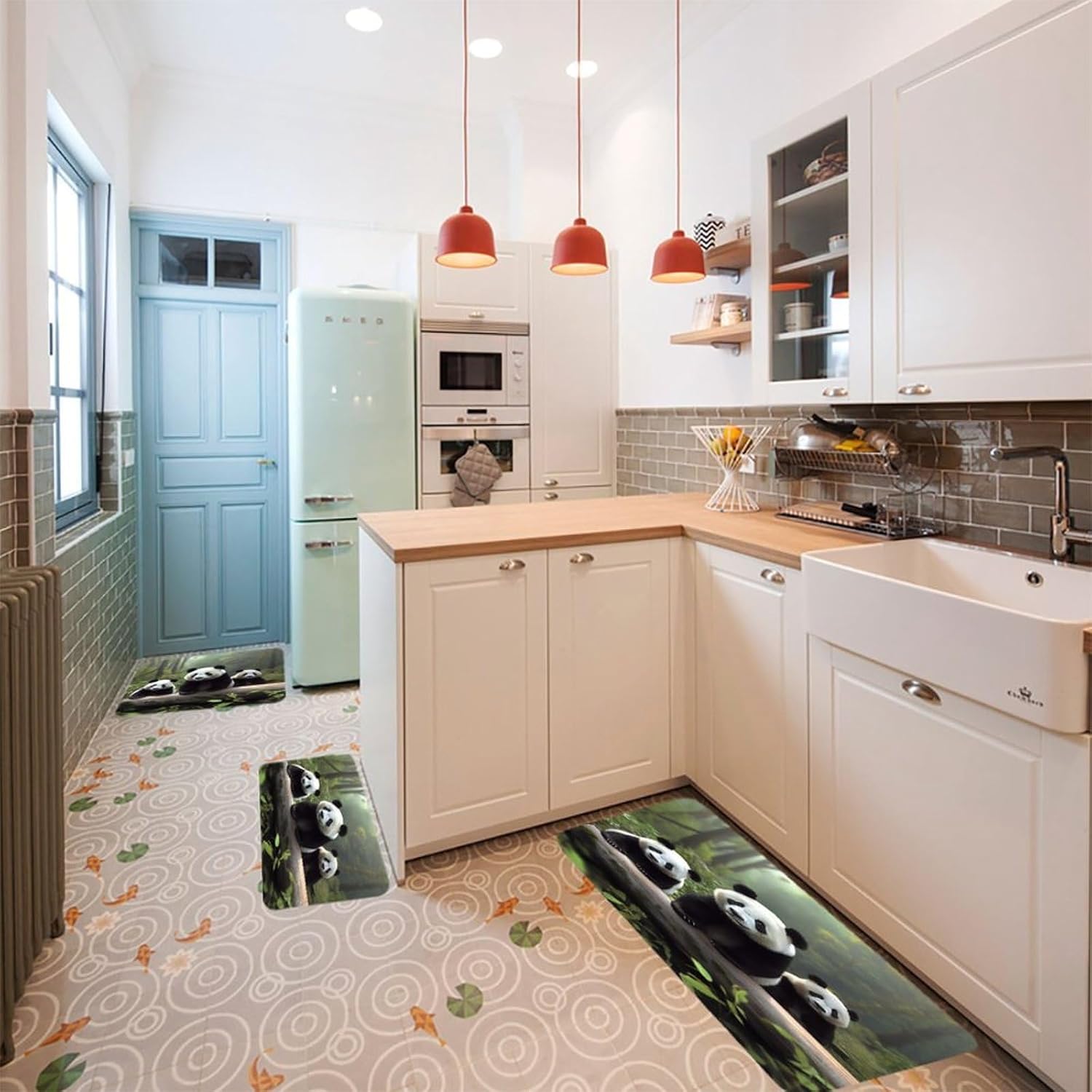 Cute Panda Kitchen Mat Set of 3 Waterproof Floor Mats Non-Slip Kitchen Rugs Premium Flannel Rug Heavy Duty Standing Mat for Kitchen Home Bathroom Laundry